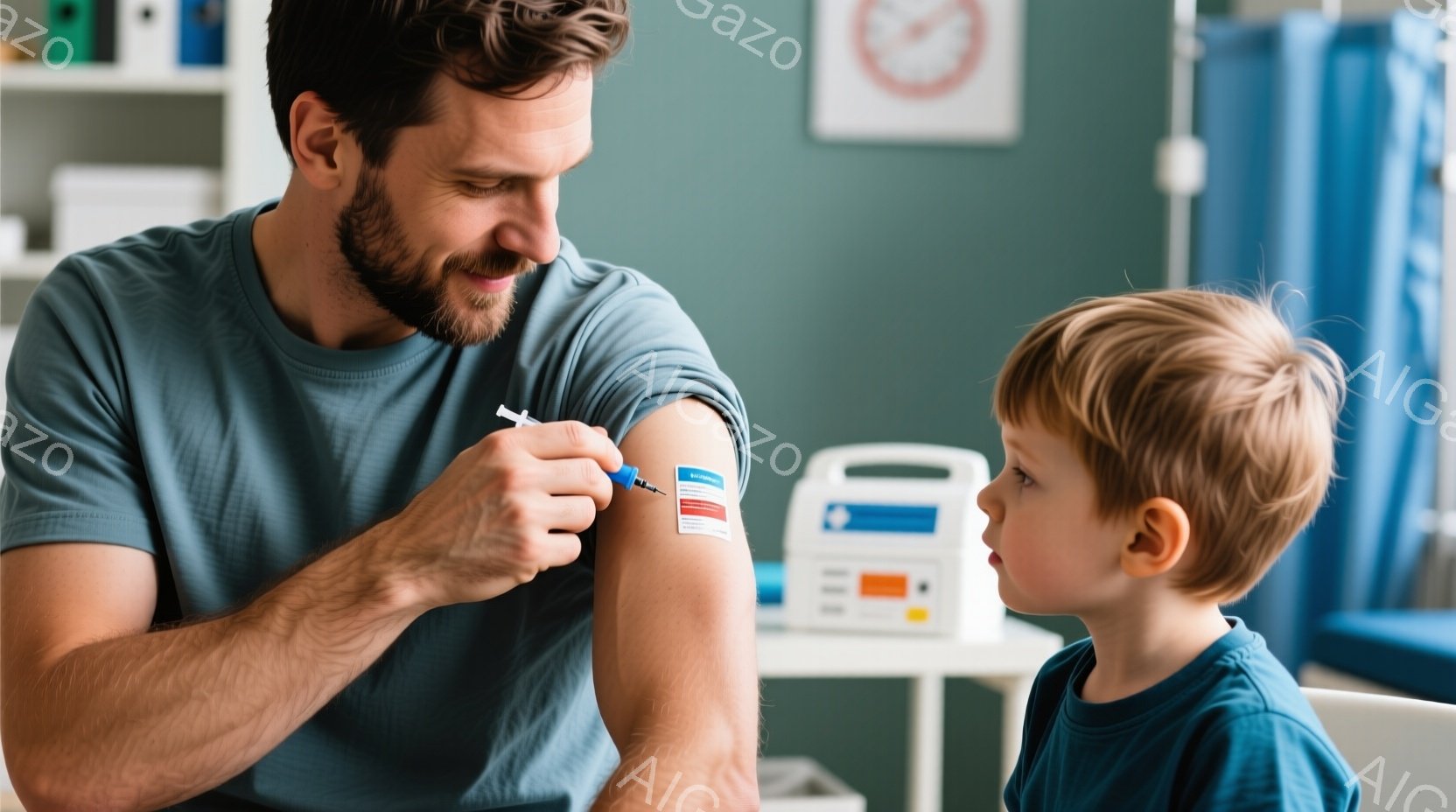 一人の男性が子供の腕に絆創膏を貼っています。男性は短髪で髭を生やしており、青いTシャツを着ています。子供は茶色の髪で、少し心配そうな表情をしています。背景には白いキャビネットと青いカーテンが見え、医療機関のような室内であることがわかります。