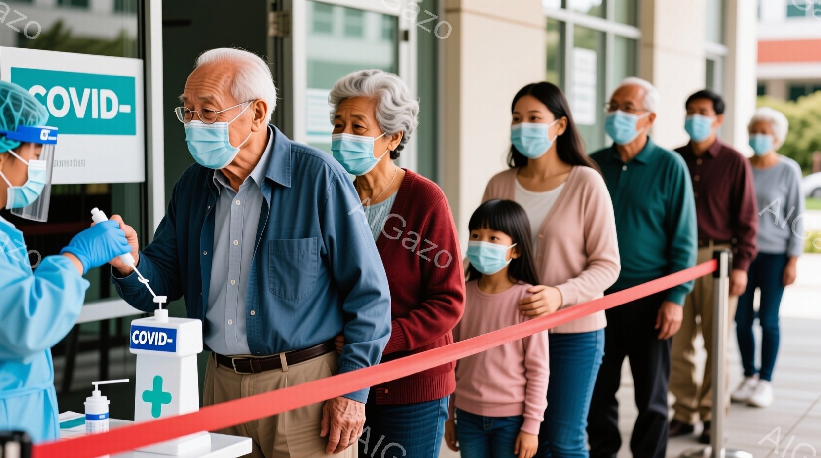 COVID-19の検査または予防接種のために列に並んでいる人々が写っています。先頭にいる高齢男性は、ターコイズブルーのシャツにベージュ色のズボンを着用し、メガネをかけ、落ち着いた表情で立っています。背景には、近代的な建物とわずかな緑があり、検査ブースを示す赤いテープと標識が見え、全体的に控えめで安全な雰囲気です。