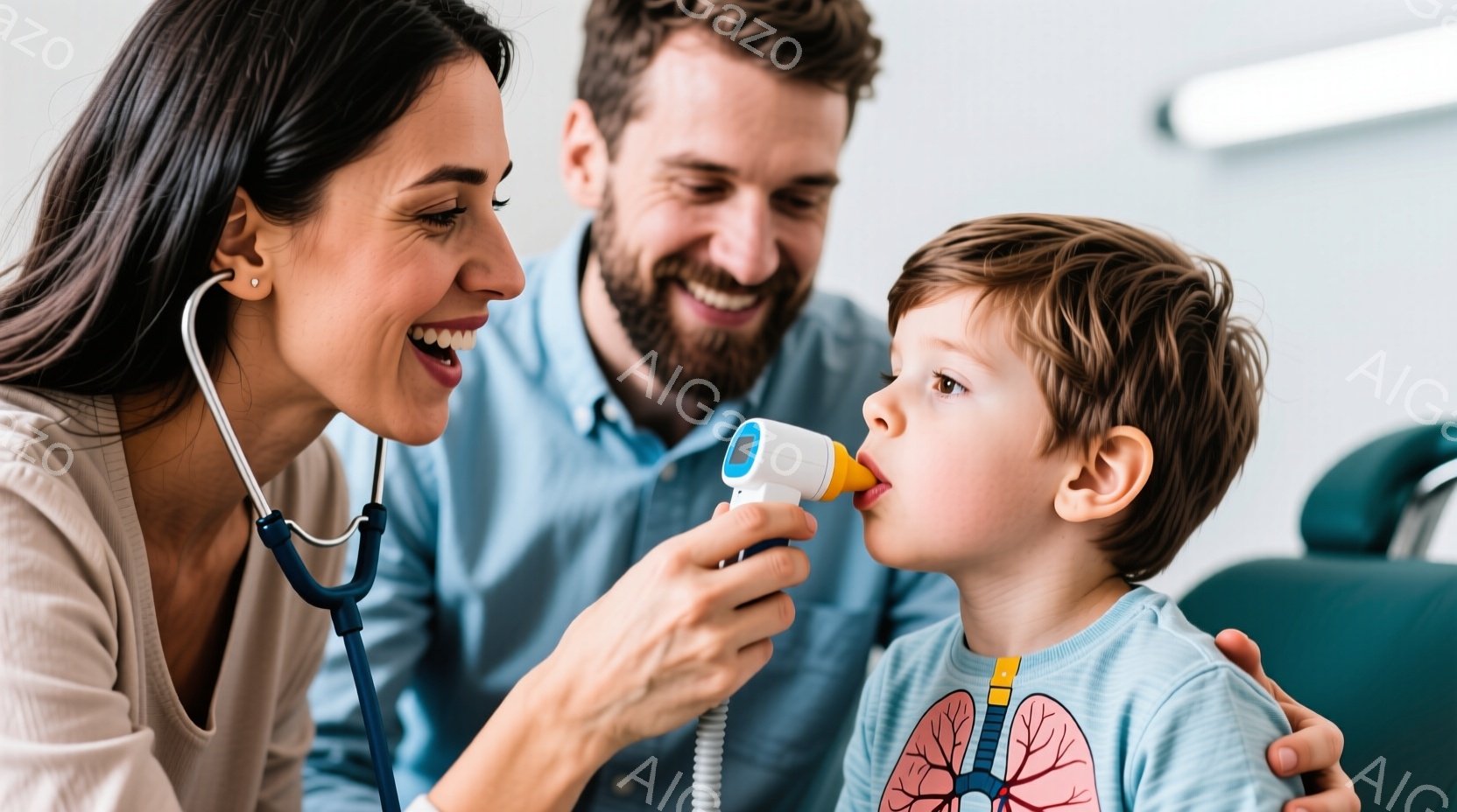 白衣を着た女性医者が、幼い男の子に医療機器を鼻に当てています。男の子は青い服を着ており、父親らしき男性が背景で微笑んでいます。明るい室内で、医者と男の子は笑顔で、安心感のある雰囲気です。