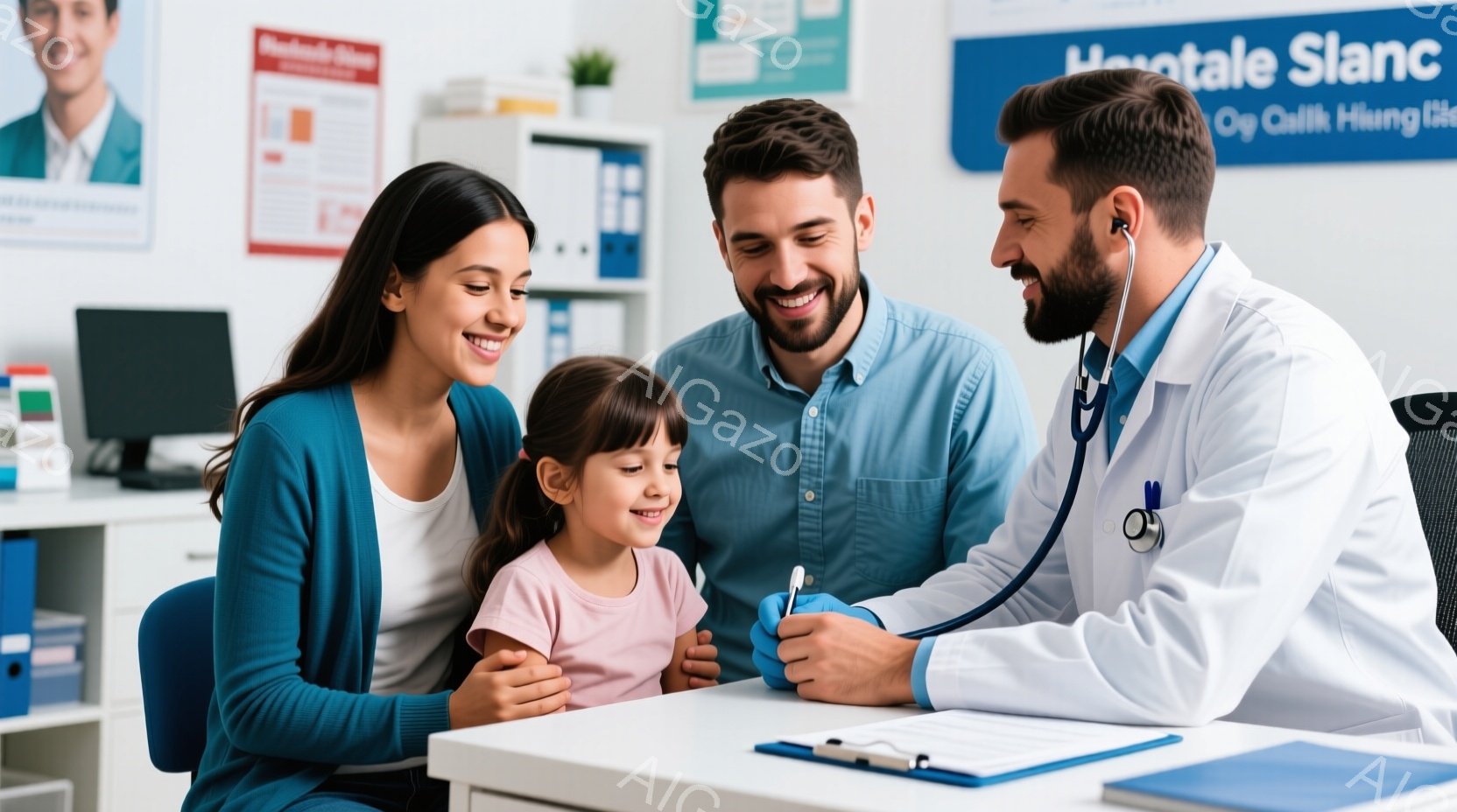 診察室で、母親と幼い娘が医師と対面している。母親はターコイズブルーのセーターを着ており、娘はピンクのシャツを着て、髪は三つ編みにされている。医師は白衣を着て聴診器をかけ、ペンを持って何かを記録している様子で、三人は皆笑顔で、温かい雰囲気が漂っている。