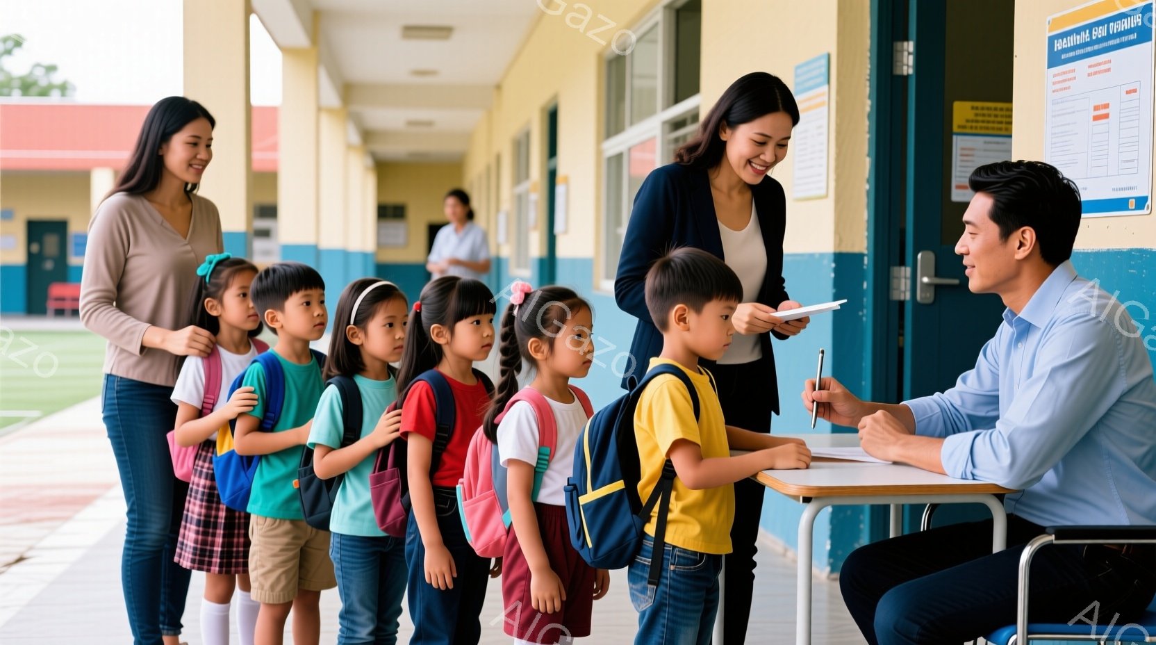 一列に並んだ子どもたちが、学校の入り口で先生と話しています。子どもたちはそれぞれバックパックを背負い、様々な色の服を着ています。背景には学校の建物が見え、晴れた日の穏やかな雰囲気が伝わってきます。