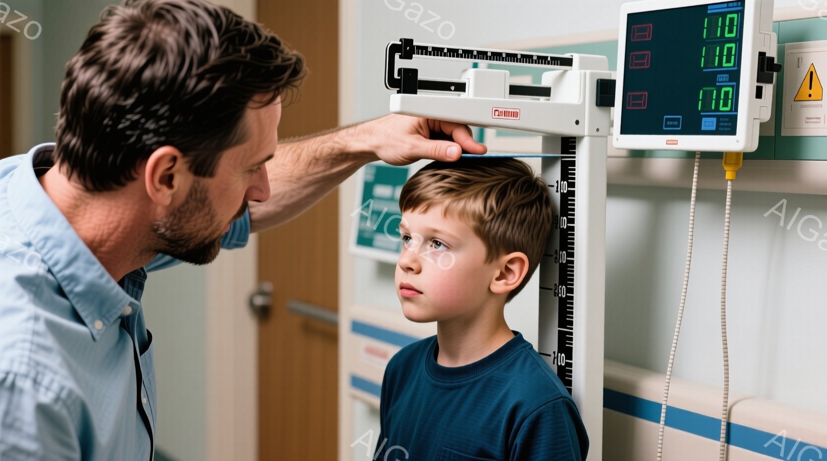 おそらくメディカルな場所で撮影されたものと思われます。中央に位置する男性（医者）は病院の衣服を着ています。彼は少年に向かって、測定対象である頭部に手を乗せ、頭部の高さを測るために使用される機器（血圧計や体重計など）を操作しています。 少年は病院のベッドから写真に登場しており、非常に恐ろしそうな表情を持っています。彼は注意深く機器に向けられているようです。