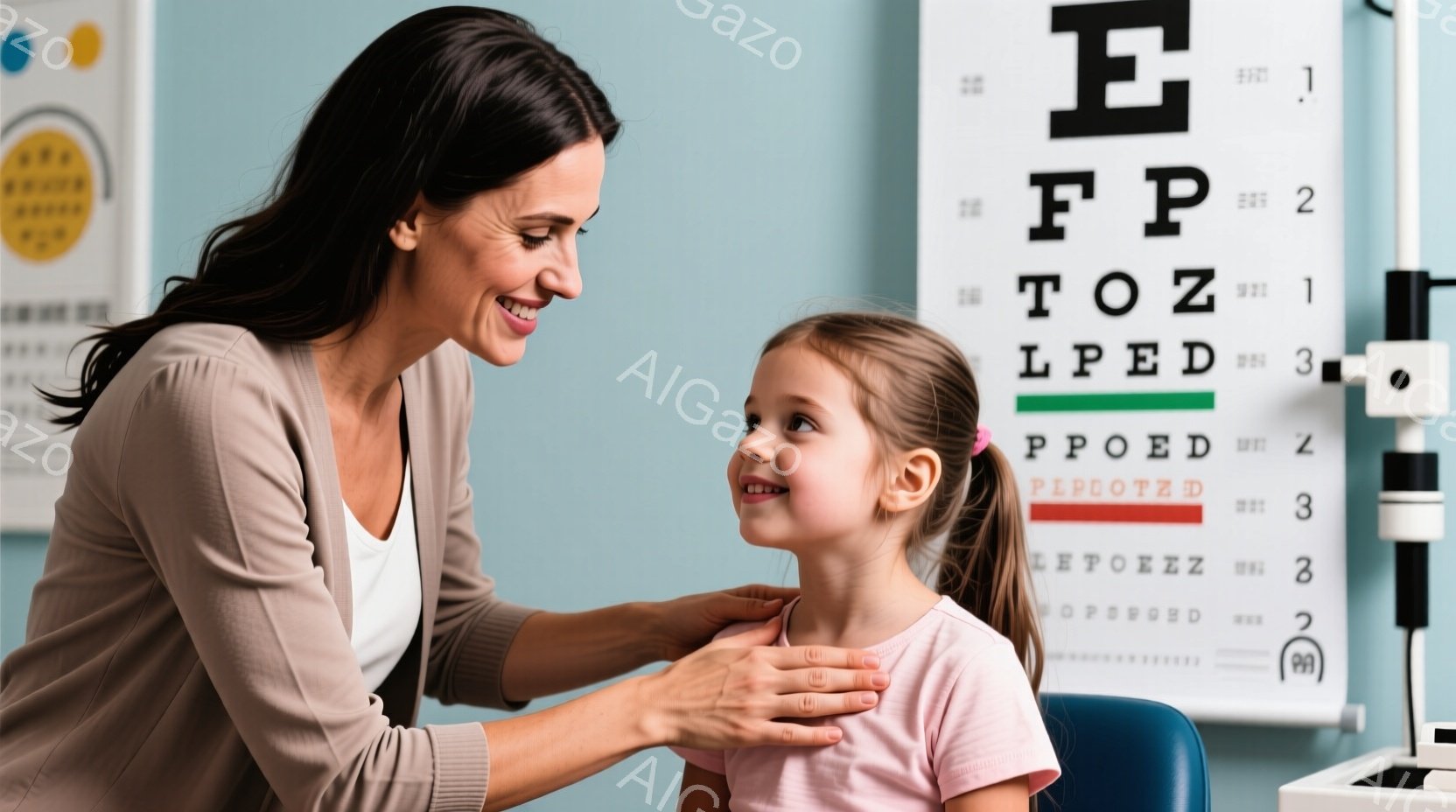 眼科医らしき女性と若い女の子が写っています。女性は茶色の髪を後ろでまとめ、ベージュ色のシャツを着ています。女の子はピンク色のシャツを着ており、笑顔で眼科医を見上げています。