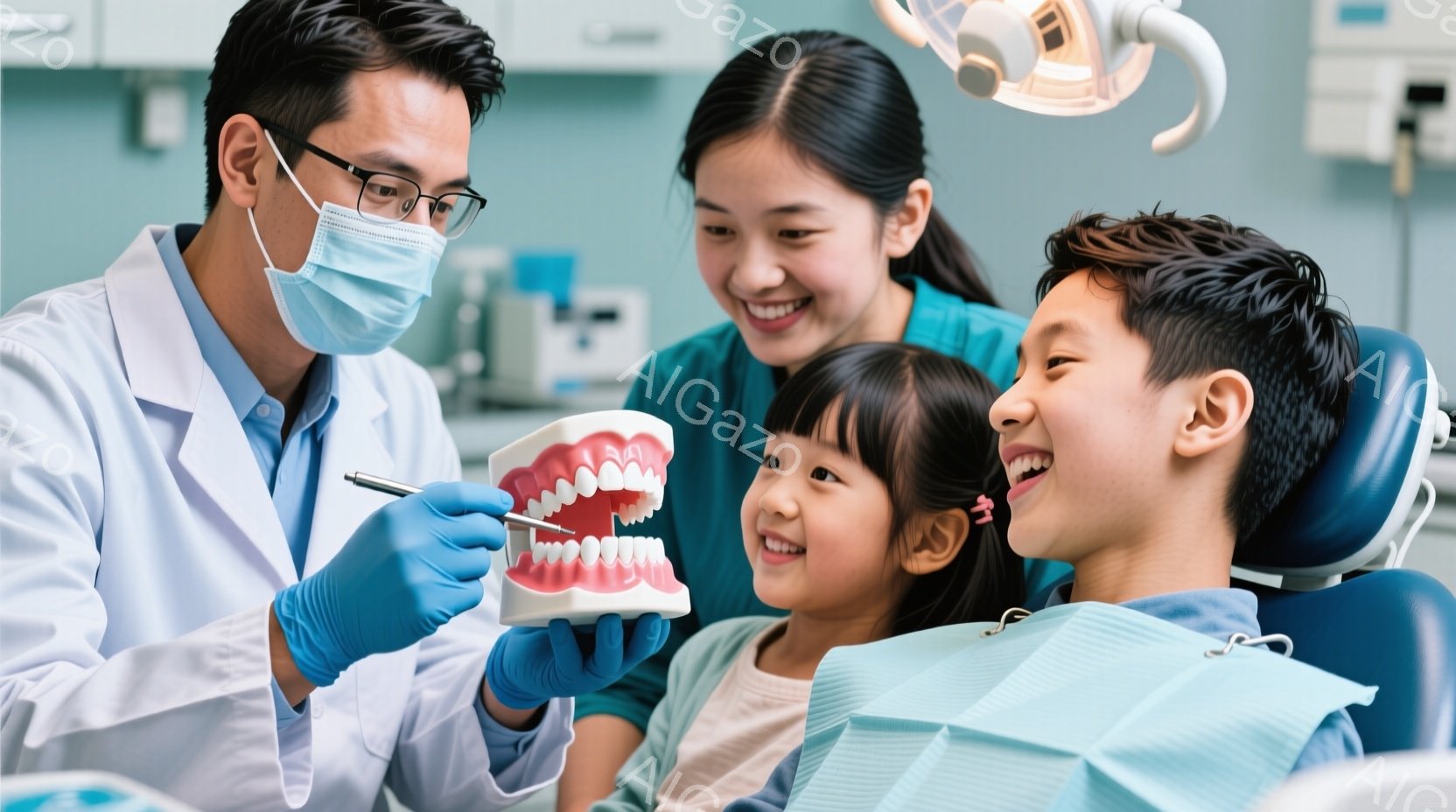 歯科医が若い患者とその母親に歯の模型を使って説明をしている様子が写っている。歯科医は白いマスクと手袋を着用し、患者は歯科椅子に座って笑顔を見せている。背景には歯科医院の設備が見え、明るく安心感のある雰囲気である。