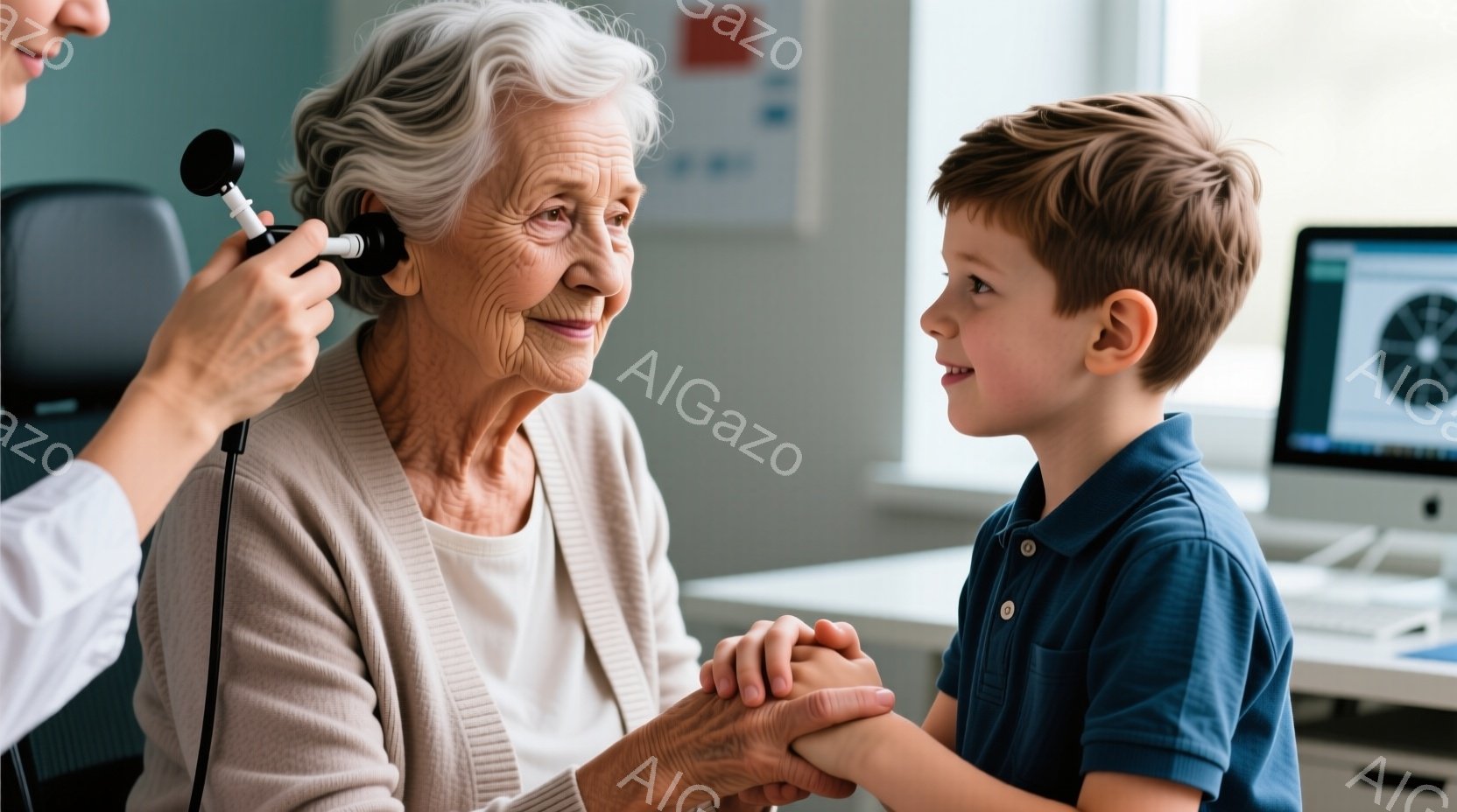 白衣を着た医師が、高齢の女性の耳を聴診器で診察しています。女性は柔らかいベージュのセーターを着ており、穏やかな微笑みを浮かべています。背景には、医療機器が置かれた診察室が見え、暖かく安心感のある雰囲気です。