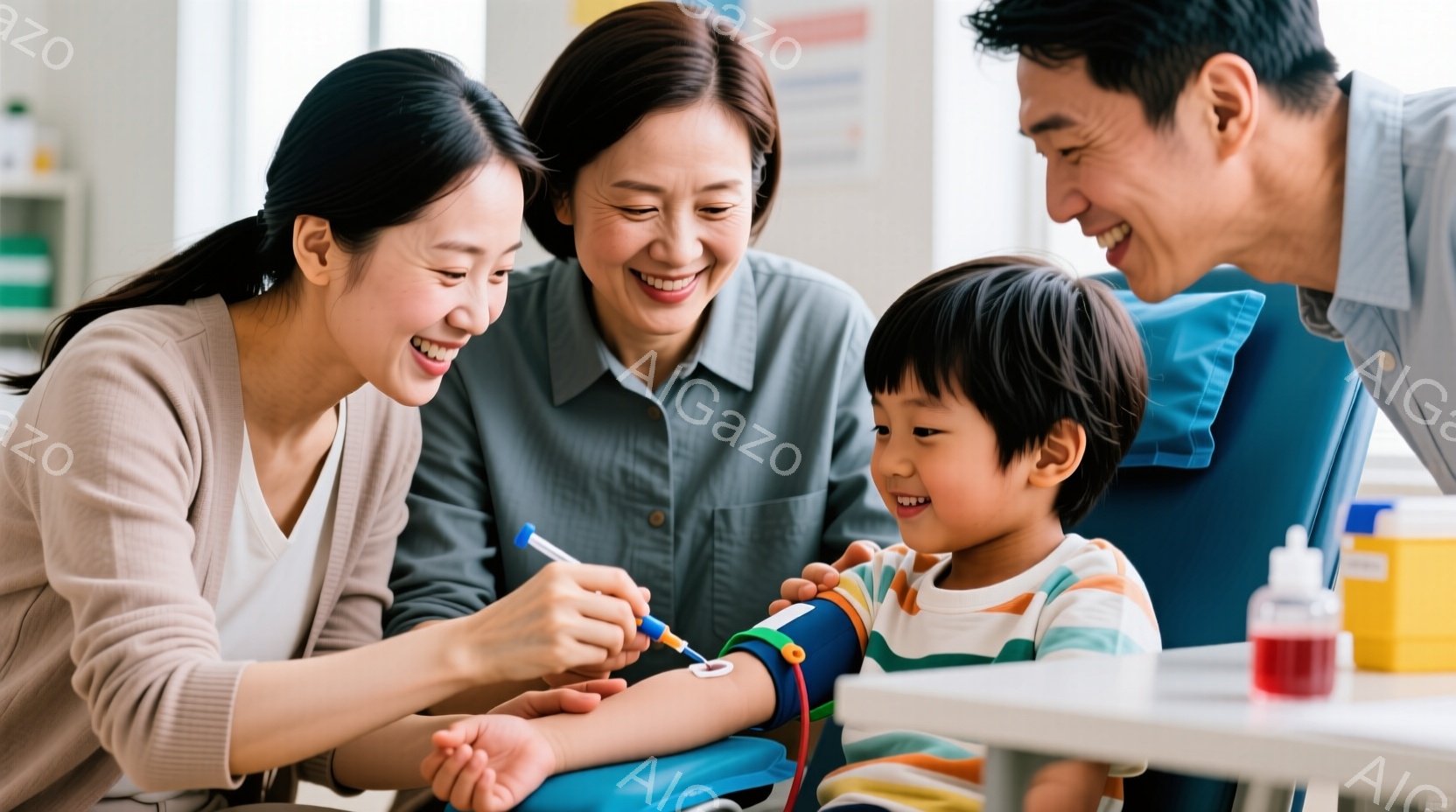 病院の診察室で、若い女性医療従事者が幼い男の子に血圧を測っています。男の子は笑顔で診察台に座っており、母親と父親が優しく見守っています。明るい室内には医療機器が置かれ、温かい家族の雰囲気が漂っています。