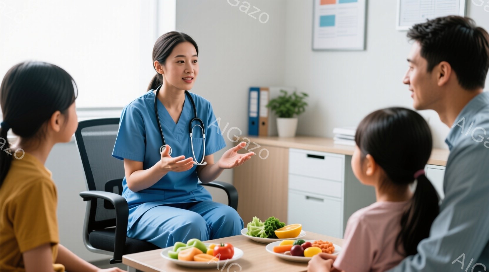 医師と思われる女性が、明るいブルーのスクラブを着て椅子に座り、両手を広げて何かを説明している。彼女の前に、父親と娘と思われる2人が座っており、テーブルの上には野菜や果物が並べられている。背景には白いキャビネットや植物が見え、清潔で落ち着いた雰囲気の医療機関内であることがわかる。