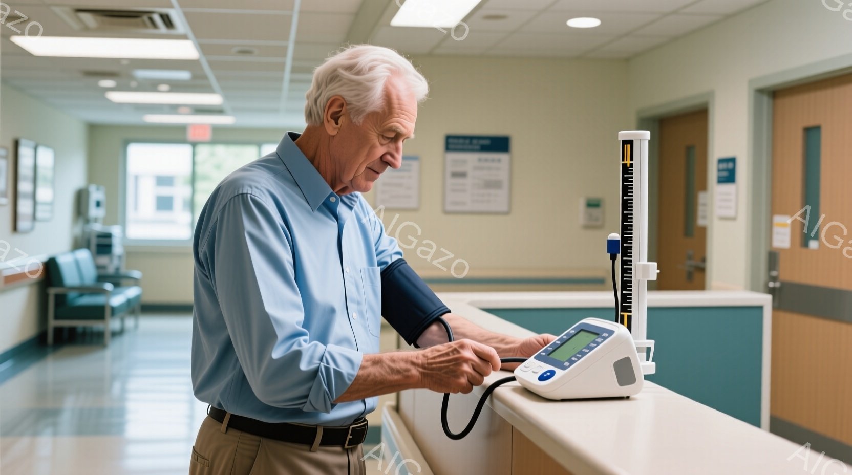 白髪の男性が病院の待合室で血圧計を操作している。彼は薄い水色のシャツとベージュ色のズボンを着用しており、少し顔を下げて機械を見つめている。背景には青い壁と待合室の椅子が見え、全体的に清潔で落ち着いた雰囲気である。