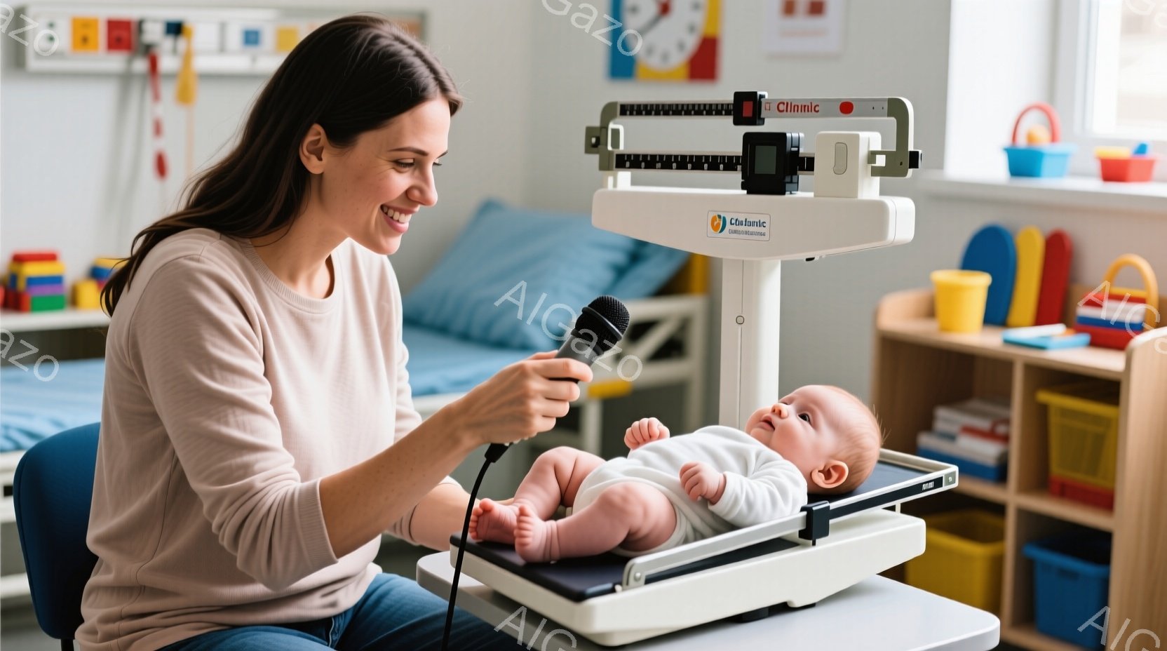 赤ん坊が医療用スケールに乗って体重測定を受けている様子が写っています。母親は微笑みながら、赤ん坊の様子を優しく見守り、医師は赤ん坊の耳に聴診器を当てています。背景にはカラフルな棚や絵画があり、明るく清潔な医療機関の待合室や診察室のような雰囲気です。