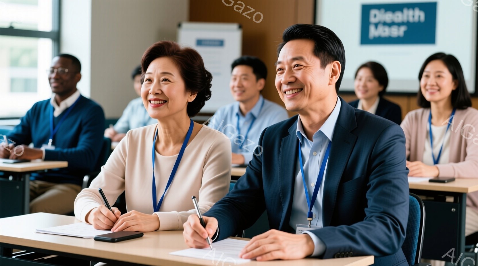 左側に座った中年男性と女性が、右側の写真には同じような人物が逆向きに写ります。両方の写真で、皆殿は教室で筆記や書類を作成していることが明らかです。中年男性は前向きの表情で、女性は微笑んでいます。写真全体は学びに焦点を置く場面を描いたものです。