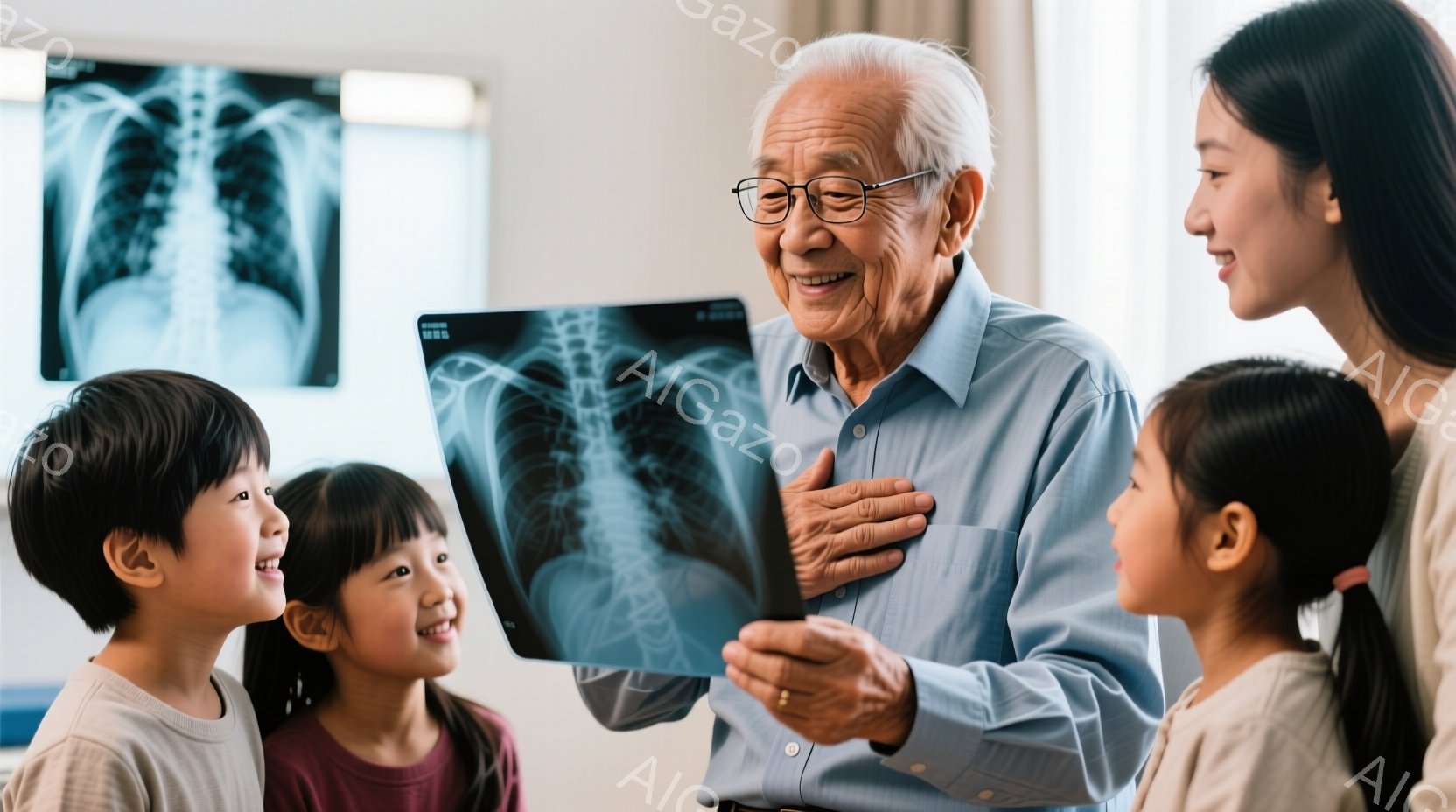 白髪の老人がX線写真を持っており、笑顔で子供たちに説明している様子が写っています。老人は薄いブルーのシャツを着ており、子供たちはそれぞれ明るい色のシャツを着ています。背景にはX線写真が飾られており、室内は明るく、温かい家庭的な雰囲気です。