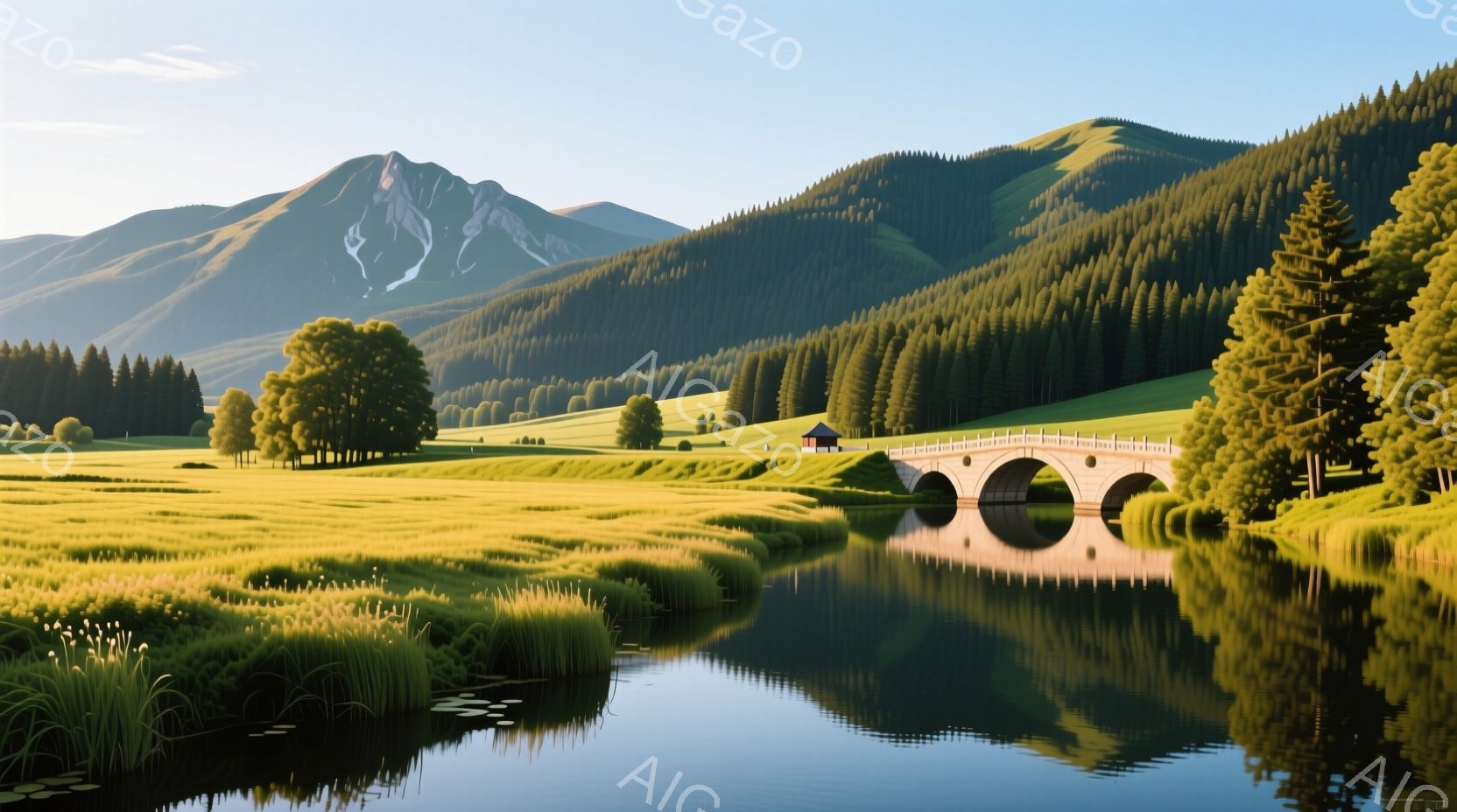 広大な緑の草原と澄んだ水面が印象的な風景です。遠景には雪を抱いた山々が連なり、中央には優雅なアーチ橋が架かっています。穏やかな光が降り注ぎ、水面に橋と周囲の緑が美しく映り込み、静寂で平和な雰囲気を醸し出しています。