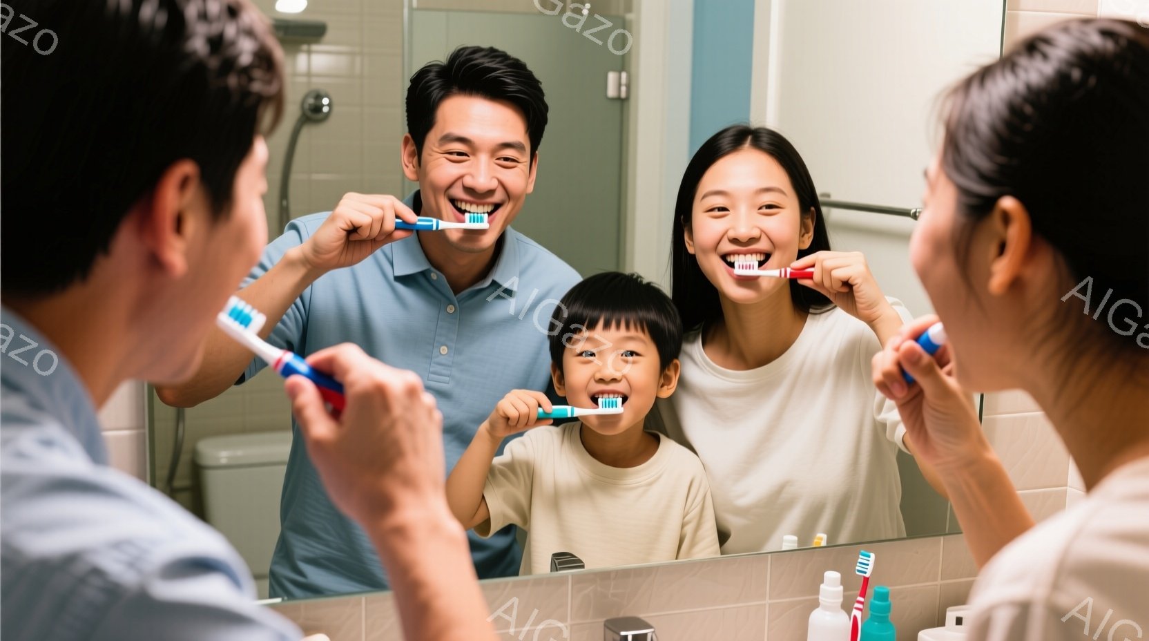 鏡の前で歯磨きをする家族が写っています。父親は青いシャツを着て、母親と息子は白いシャツを着ています。皆、笑顔で歯磨きをしており、温かく幸せな雰囲気が伝わってきます。