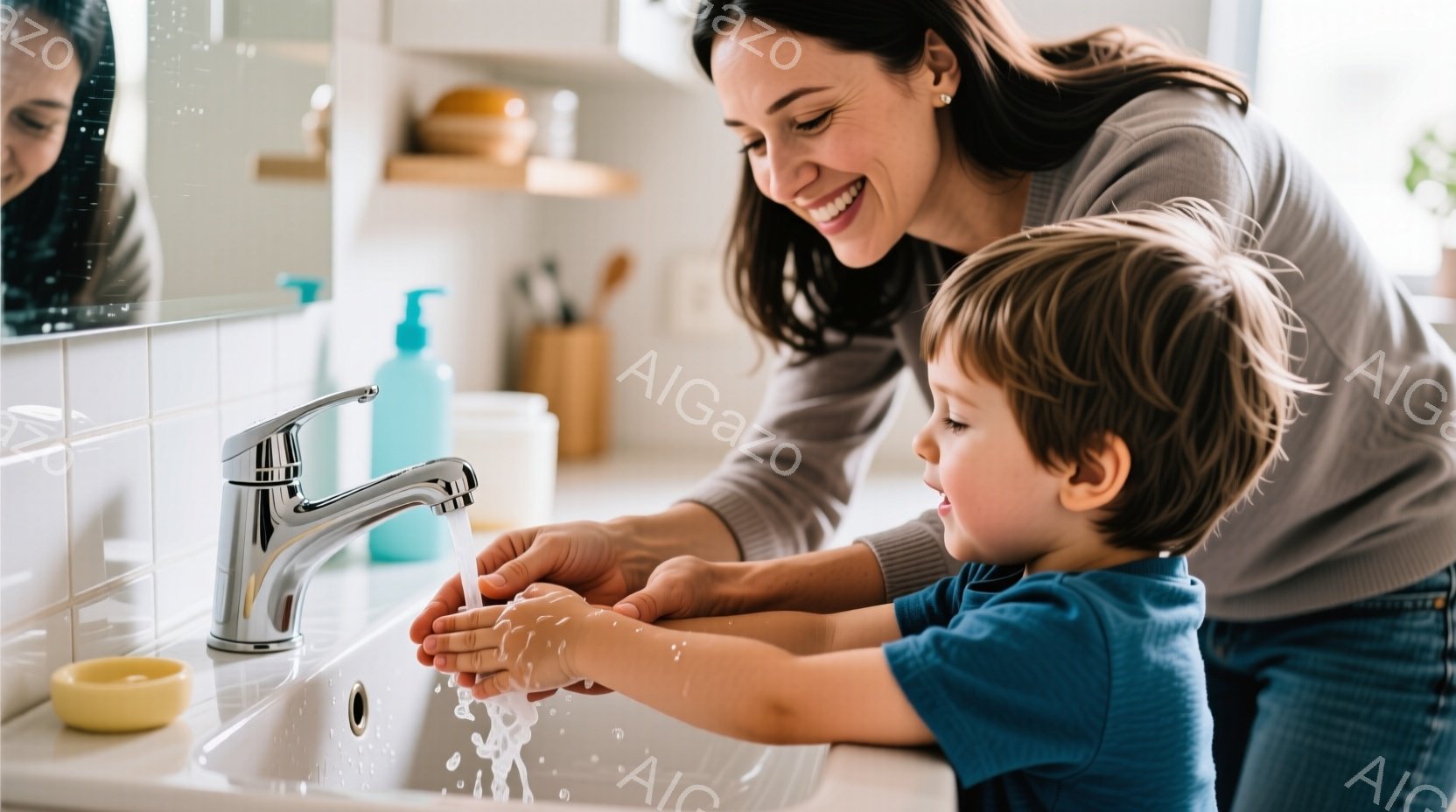 洗面台の前で、母親が幼い息子の手を洗ってあげています。母親はグレーのセーターを着ており、笑顔で息子を見下ろしています。背景には白いタイルと洗面用具が見え、明るく清潔な雰囲気です。