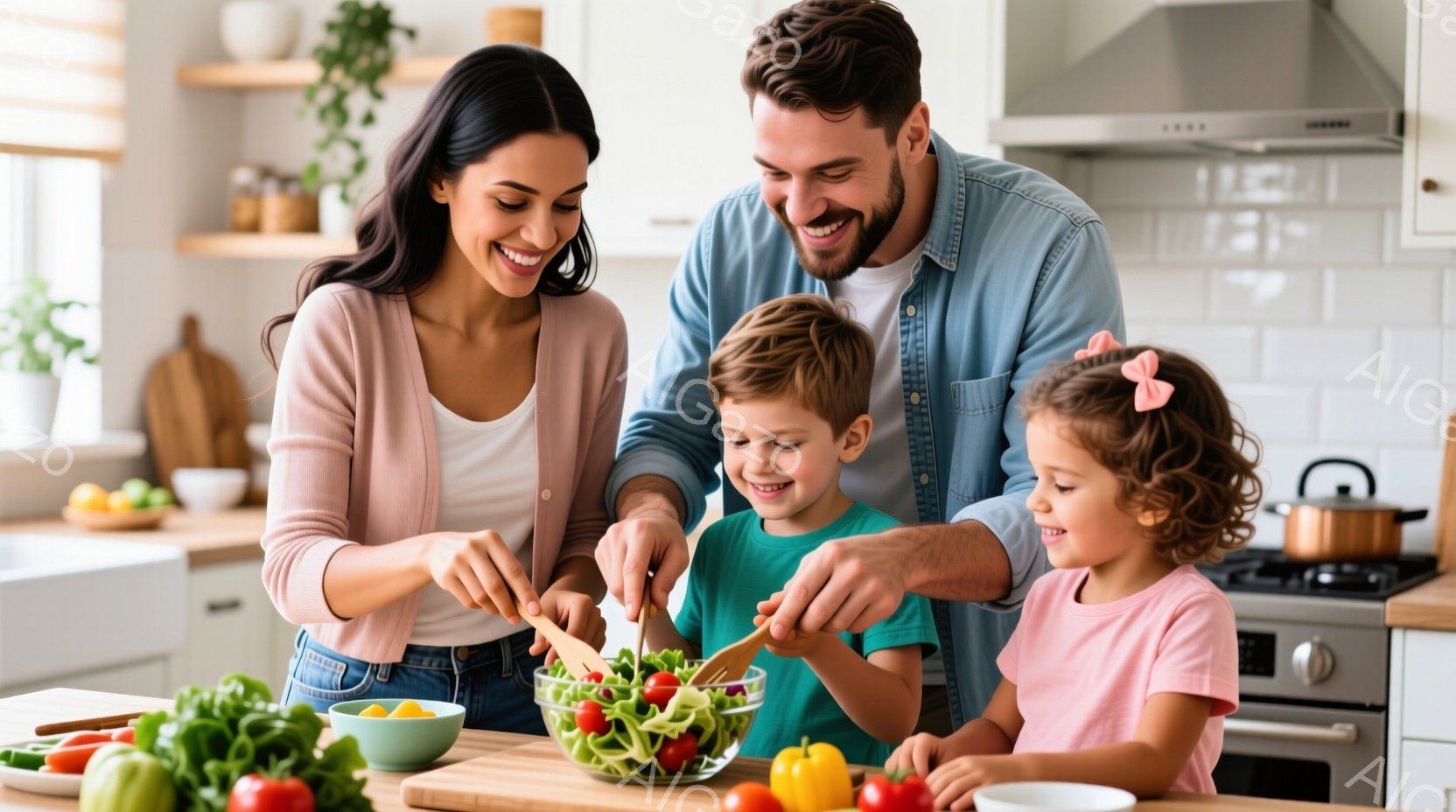 キッチンで家族がサラダを作っている様子が写っている。母親は茶色の長い髪で、ピンク色のシャツを着ており、サラダボウルに野菜を混ぜている。父親は髭を生やし、青いシャツを着ており、息子と一緒に野菜を切ってい - AI生成フリー素材