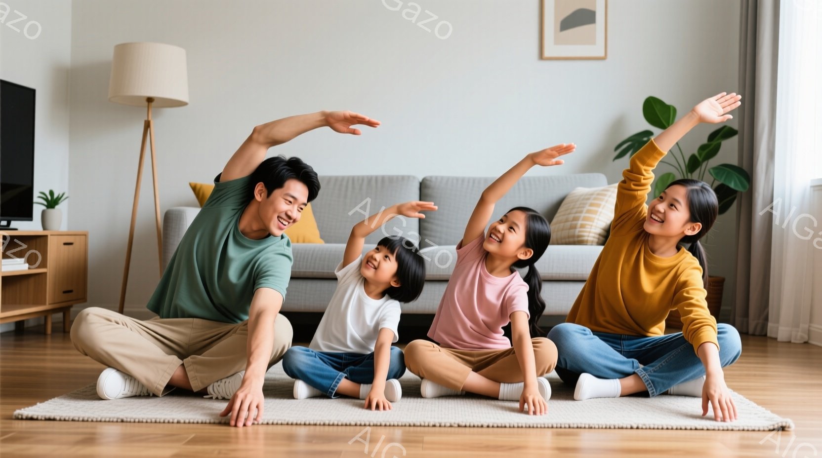 家族四人がリビングの床に座り、体を横に伸ばしています。父親は緑色のシャツとベージュのズボン、母親はオレンジ色のセーターと濃いズボンを着ており、それぞれ笑顔を見せています。二人の娘はそれぞれ白とピンクのシャツ、ズボンを着用しており、楽しそうに手を伸ばしています。