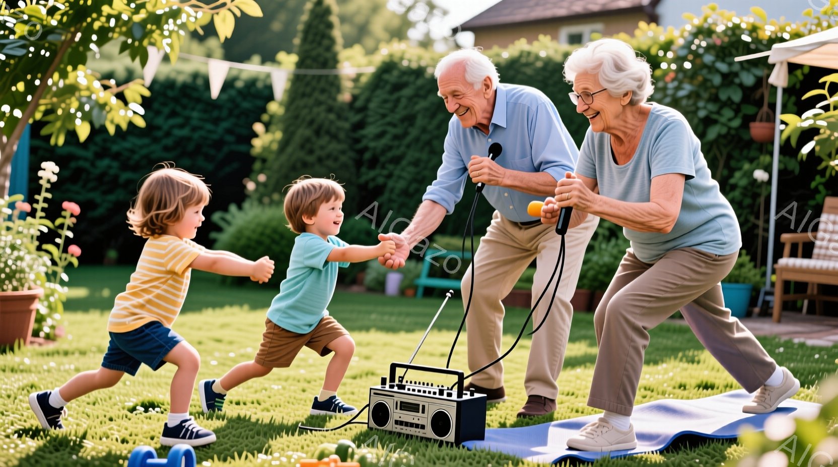 庭で、年配の男性が孫2人と楽しそうに運動している様子が写っています。男性は明るい色のシャツにズボン、運動靴を履き、孫たちはそれぞれカラフルなTシャツと短パン姿で、笑顔で走りながら男性の手を繋いでいます。背景には緑豊かな木々や建物、そして晴天の空が見え、活気にあふれた暖かい雰囲気が伝わってきます。