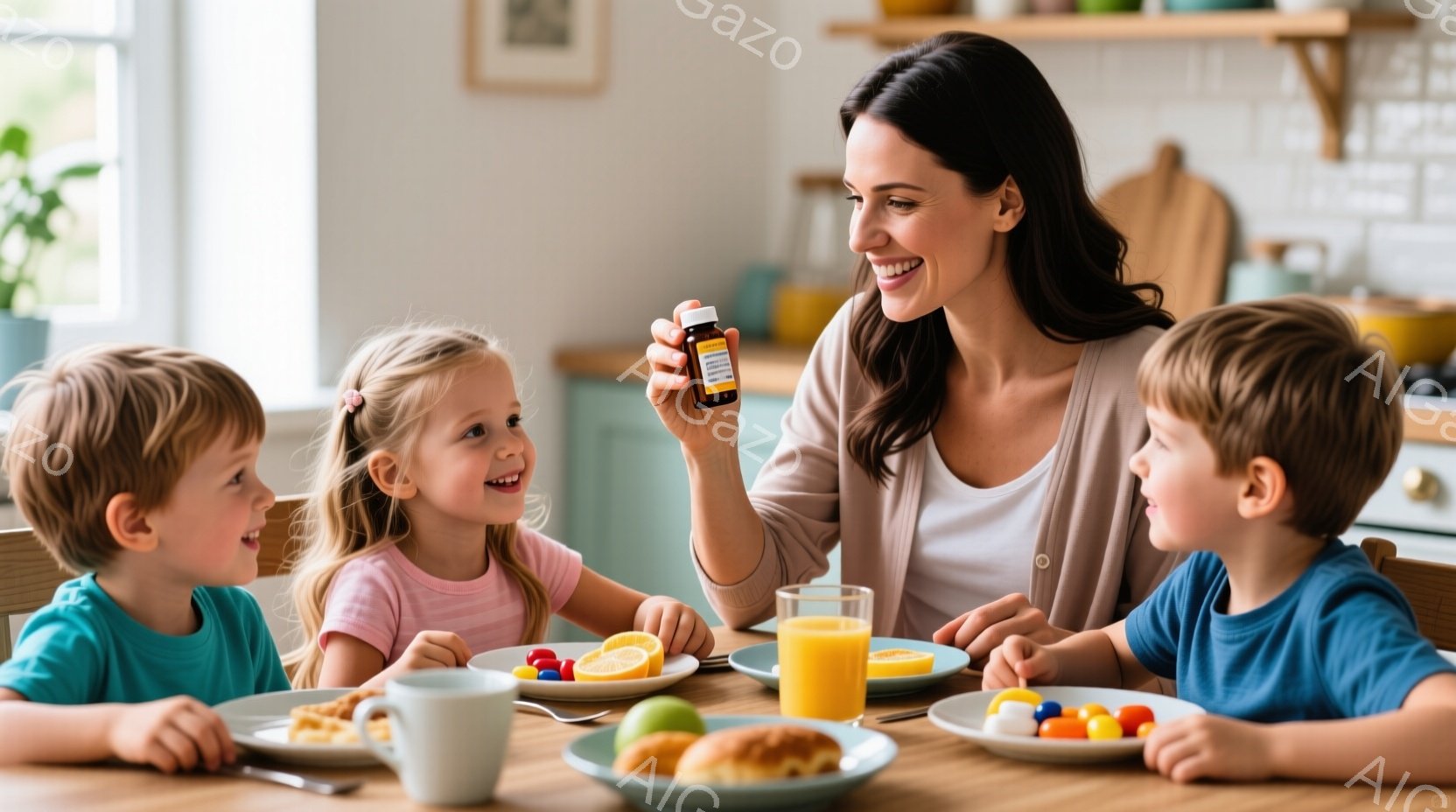 明るいキッチンで、母親が3人の子供たちにビタミン剤を差し出している様子が写っている。母親はカーディガンを着ており、笑顔で子供たちを見つめている。子供たちはそれぞれ朝食のプレートの前で、楽しそうに母親を - AI生成フリー素材