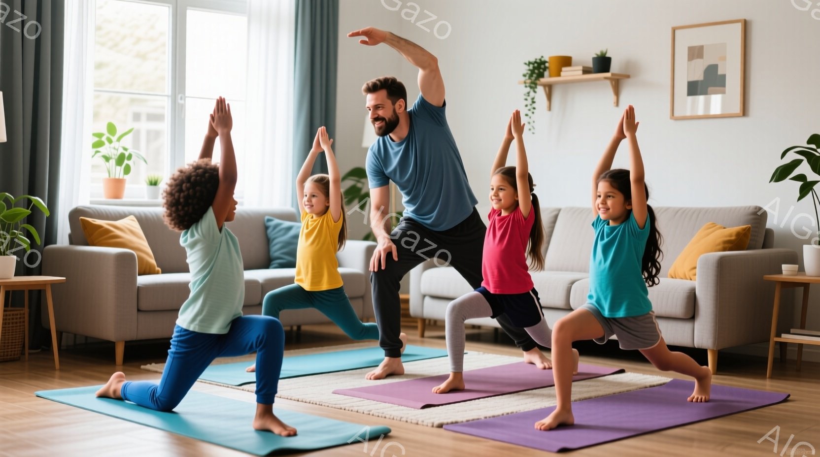 4人の子供と1人の大人が、リビングルームでヨガのポーズをとっています。子供たちはそれぞれ異なる色のヨガマットの上で、ランジのポーズをとっており、笑顔を見せています。大人は膝を曲げ、両手を高く上げて、子供たちを見守り、明るく開放的な雰囲気です。