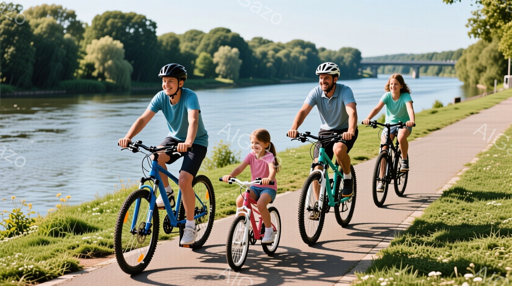 川沿いの道で自転車に乗る家族が写っています。父親と娘は青い自転車で、母親と別の娘はピンクの自転車に乗っており、全員がヘルメットを着用しています。背景には緑豊かな木々や青い川が広がり、晴天の穏やかな雰囲気が漂っています。