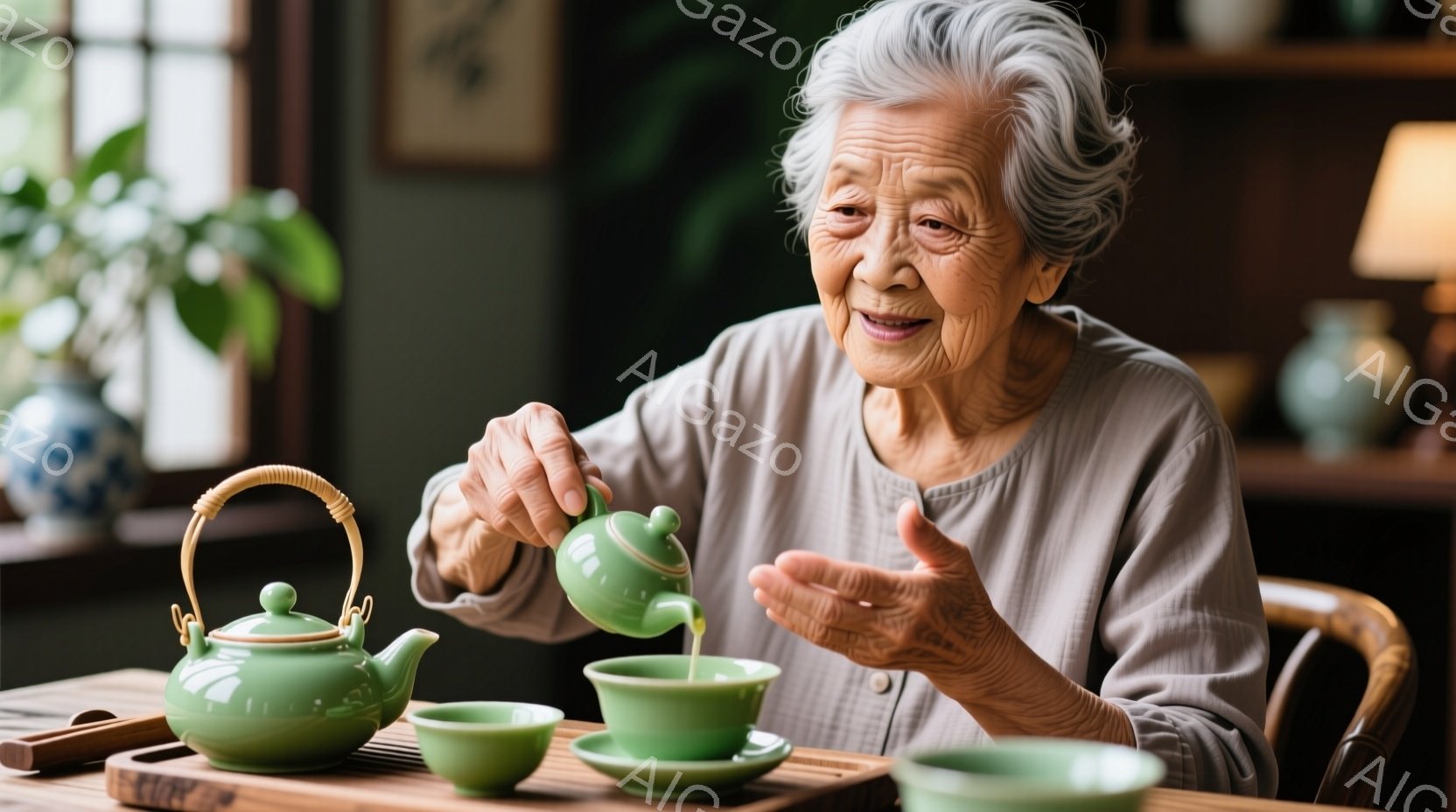 白髪の老婦人が、緑色のティーポットから緑色の茶碗に緑茶を注いでいる。彼女は明るい笑顔を浮かべ、穏やかな表情で茶碗を見つめている。背景には木製の家具や植物が見え、和やかな雰囲気が漂っている。