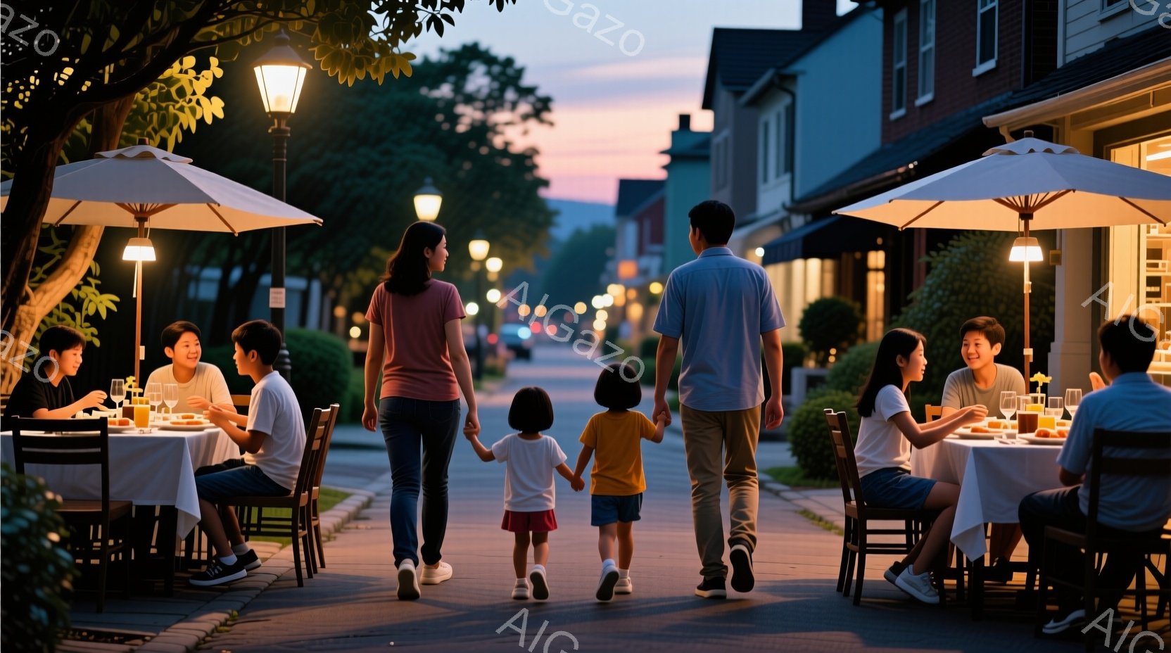夕暮れ時の住宅街で、小さな女の子が両親に手を繋がれて歩いている様子が描かれている。背景には、屋外で食事を楽しむ家族連れが見え、白いテーブルクロスとパラソルが設置されたテーブルを囲んでいる。空はオレンジと紫の色合いで、街路灯が点灯し始め、温かく穏やかな雰囲気を醸し出している。