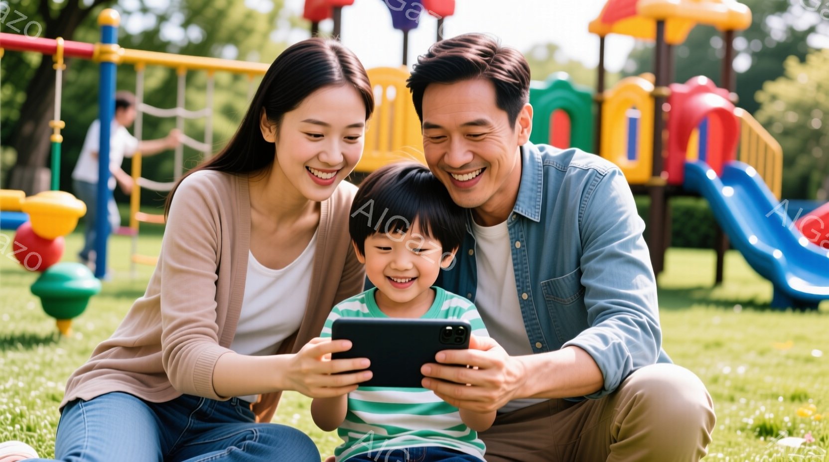 笑顔の女性と男性が、芝生の上に座ってスマートフォンを覗き込んでおり、その中心には嬉しそうな男の子がいます。女性は明るいベージュのセーター、男性は水色のシャツ、男の子は緑と白の縞模様のシャツを着ており、 - AI生成フリー素材