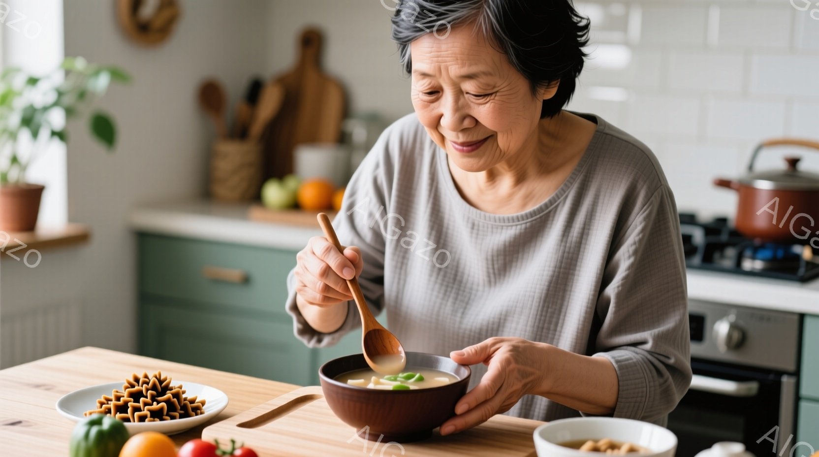 白髪混じりのショートヘアの女性が、ベージュ色のセーターを着て、温かいスープを木製のスプーンで味わっています。彼女は穏やかな微笑みを浮かべ、リラックスした雰囲気でスープを見つめています。背景には木製のカウンター、調理器具、そして緑色のキャビネットが見え、家庭的で温かい台所の一場面が描かれています。