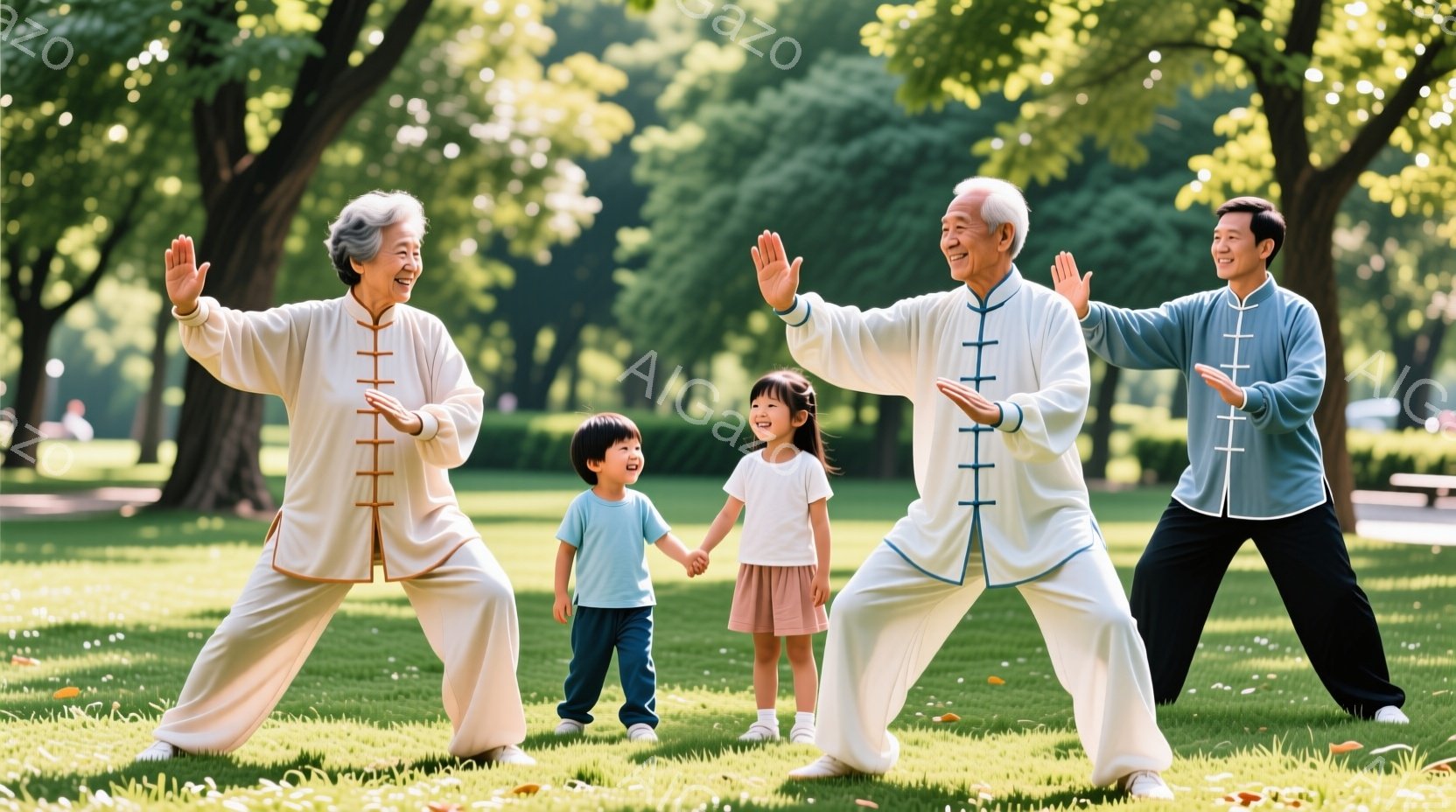 家族が室内で中国武術を実践するシーンを表現したものです。主な人物は、老夫婦と子供たちが集まって武術を行う中年男性と女性です。他に、小さく見える子供もいます。 家族の服装は伝統的な中国風で、主に白や薄い色の素材が使われており、長い髪型が特徴です。表情は平穏で、全体としては親しみやすく、家族の愛情が伝わるような雰囲気を持っています。