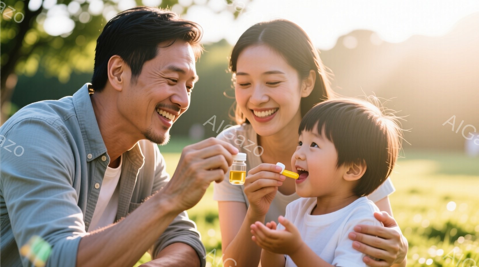 笑顔の女性と男性が、小さな子供に薬を飲ませています。男性は薄いグレーのシャツを着ており、女性は白いトップスを着ています。背景には緑豊かな草原が広がり、太陽の光が柔らかく差し込んでおり、温かく幸せな雰囲 - AI生成フリー素材