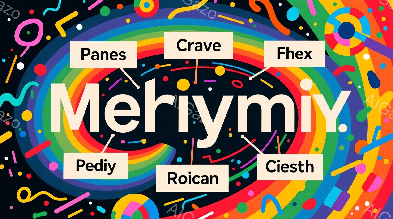 鮮やかな色彩の背景に、大きな文字「Mery」と小さな文字「iy」が重ねられています。背景は黒を基調とし、様々な色（ピンク、紫、青、黄など）の曲線や点が散りばめられており、躍動感と楽しさを感じさせます。 - AI生成フリー素材