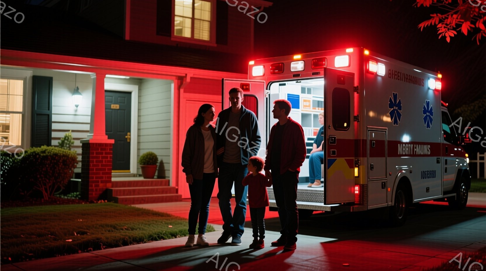 夜間に住宅街の路上で、救急車が停止している。一組の家族—母親、父親、そして幼い子供—が救急車のそばに立っており、やや不安げな表情をしている。背景にはレンガ造りの家がそびえ立ち、街灯がぼんやりと照らし出し、全体的に緊迫感のある雰囲気が漂っている。