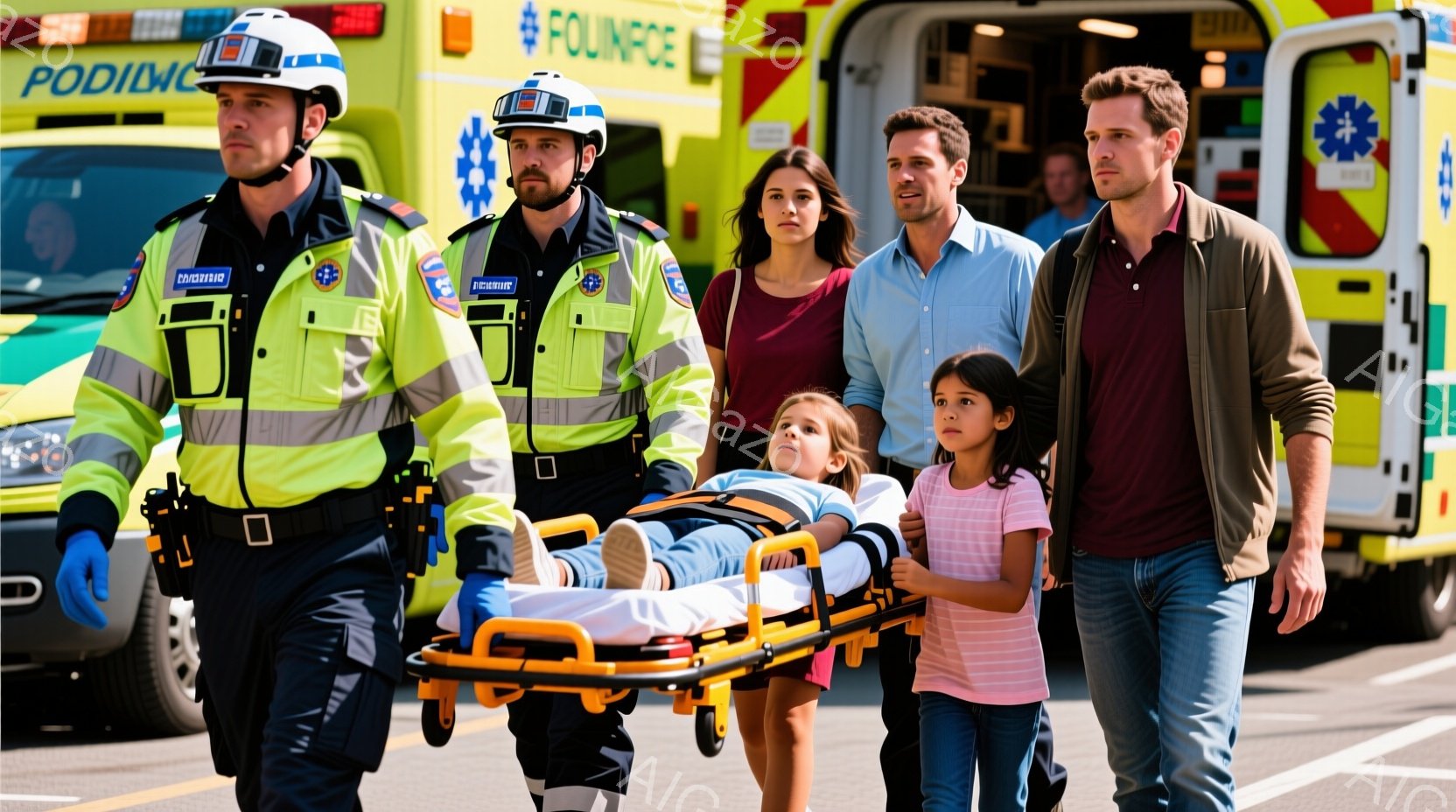 救急隊員二人が、ストレッチャーに乗った少女を運んでいる。少女は青いドレスを着ており、表情は読めないが、両親と思しき男女が心配そうな顔で後方についている。背景には救急車と建物が見え、晴天の下、緊急事態が発生している緊迫した雰囲気が漂っている。