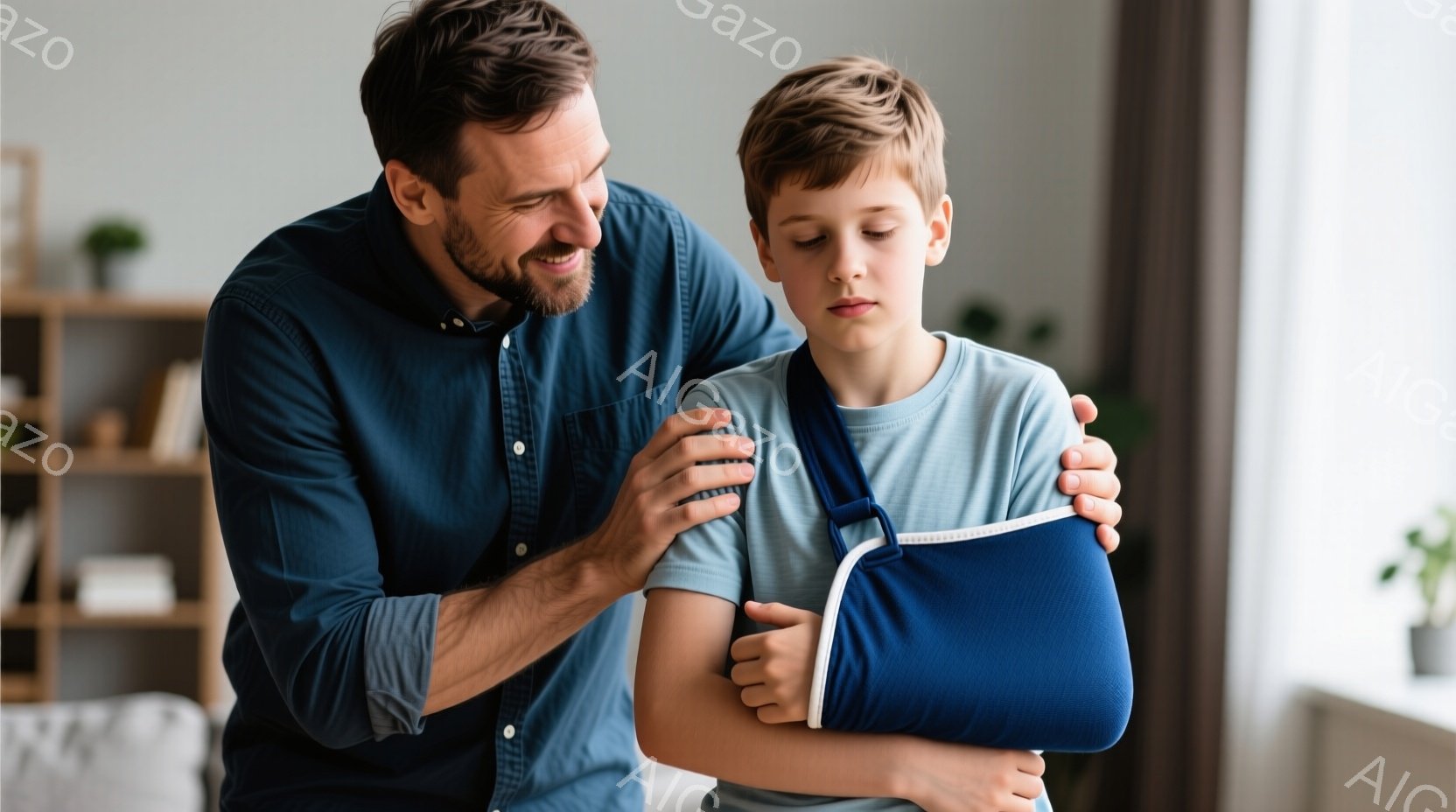 少年は左腕に青いサポーターを装着しており、少し悲しそうな表情で前を見つめています。大人の男性が少年の肩に手を置き、優しく寄り添っています。背景には白い棚や植物が見え、室内で穏やかな雰囲気が漂っています - AI生成フリー素材