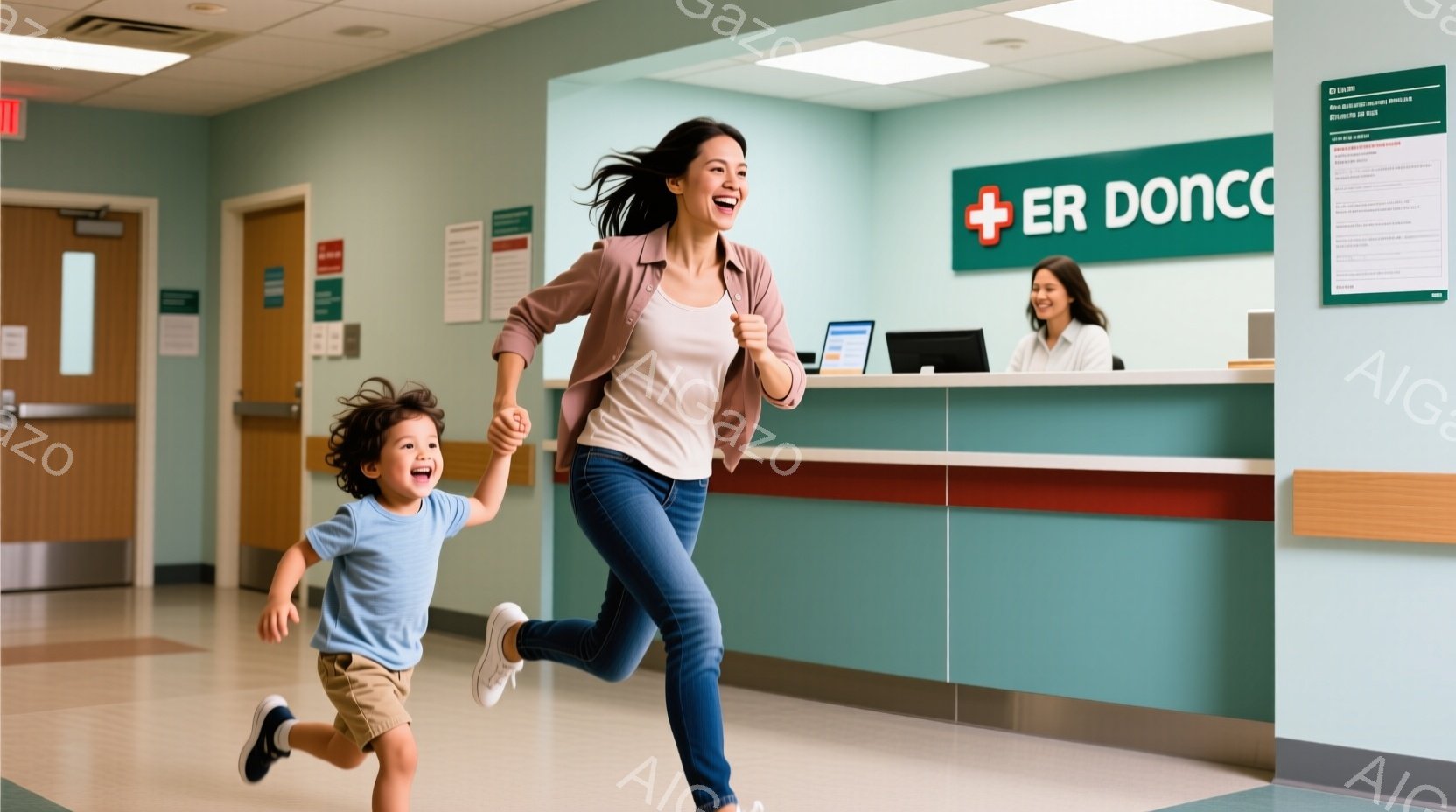 母親と子供が病院の廊下を笑顔で走っている。母親はジーンズと薄いピンク色のシャツを着ており、長い髪は後ろで結んでいる。背景には受付があり、女性が立っているのが見える。