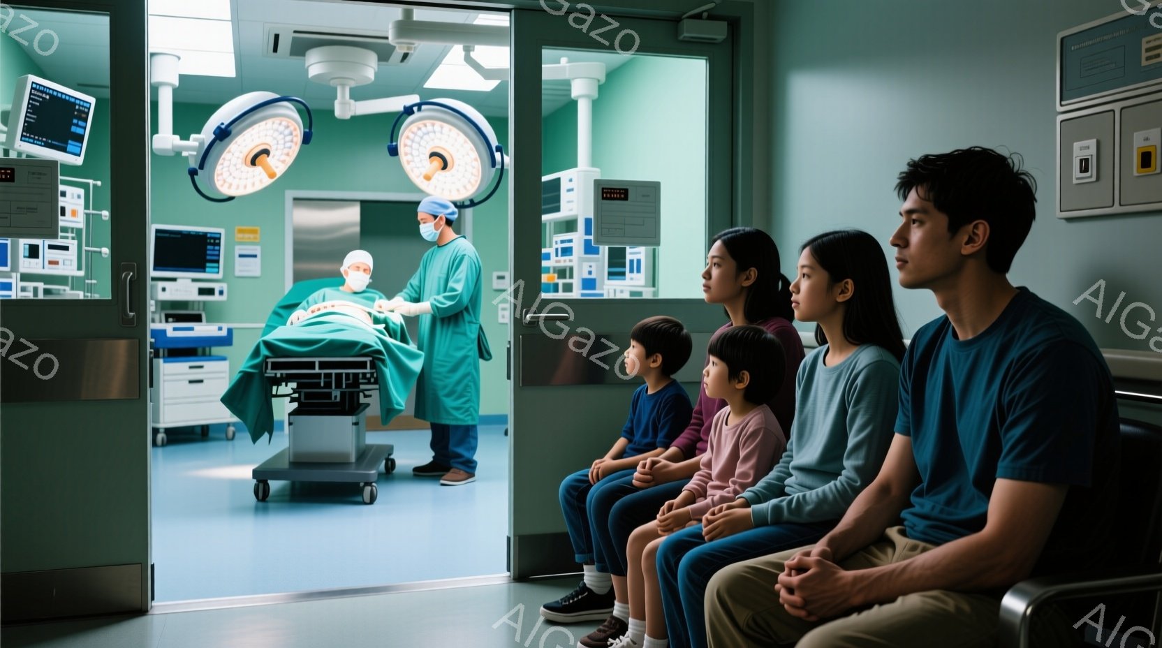 手術室の内部が見える廊下で、不安そうな表情の家族が座って見守っている。父親はベージュのズボンに濃い青のシャツを着ており、母親と二人の子供はそれぞれグレーのシャツを着ている。手術室では医療従事者が手術を行っており、多くの医療機器が設置されている。
