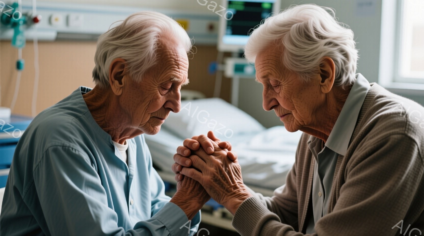 高齢の男女が寄り添い、互いの手を握り合っている。二人はシワが刻まれた顔で目を閉じ、ややうつむき加減で祈っているような姿勢をとっている。背景には病院のベッドや医療機器が見え、全体的に静かで、祈りのような、あるいは慰めを求めるような雰囲気が漂っている。