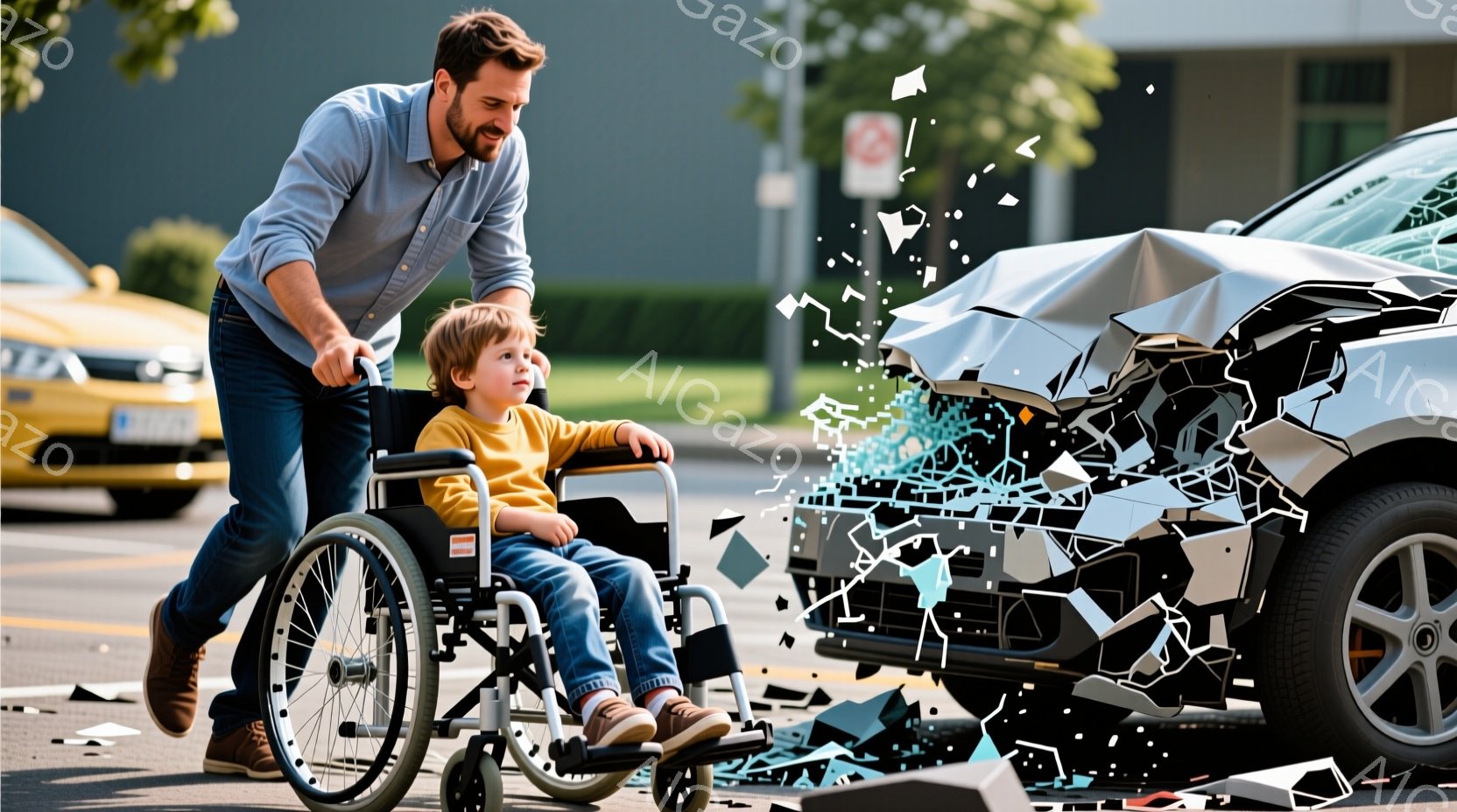 道路上で、車いすに乗った少年を男性が押し、その前には事故を起こした車の残骸があります。少年はオレンジ色のセーターを着ており、男性はジーンズとシャツを着て、懸念した表情で少年を押しています。背景にはぼやけた建物と緑があり、割れたガラスや車の破片が事故の深刻さを示唆しています。