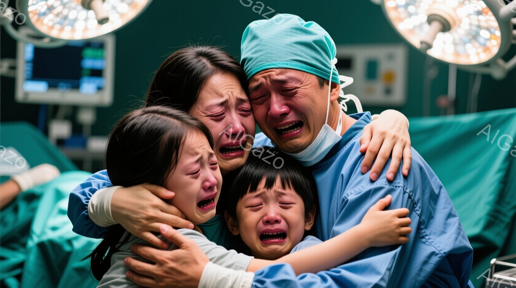 手術室と思われる場所で、青い手術着を着た男性が二人の幼い女の子を強く抱きしめています。女の子たちは皆、涙を流し、悲しみに暮れています。背景には医療機器や緑色の布が見え、緊迫した、そして悲しげな雰囲気が漂っています。