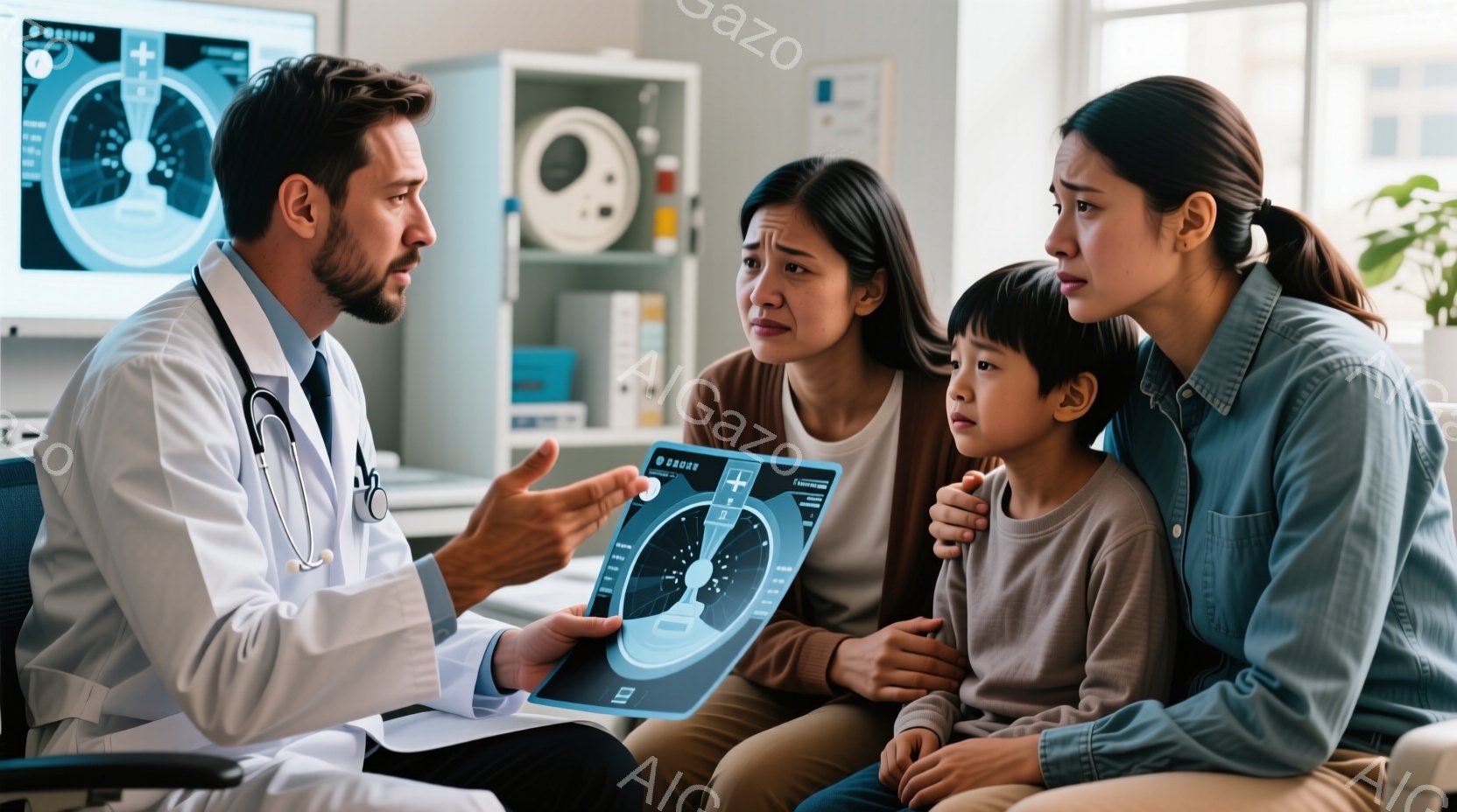 白衣を着た医者が、母親と子供の前に座り、タブレットでレントゲン写真を見せて説明しています。母親と子供は心配そうな表情で医者の方を見ており、母親は子供の肩に手を置いています。背景には医療機器と白い壁があり、部屋全体が清潔で落ち着いた雰囲気です。