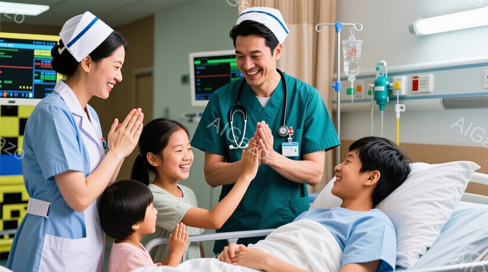 病院のベッドに横たわる少年と、彼に手を叩いて喜ぶ医療チームが写っている。看護師は看護師帽をかぶり、医師は緑色のスクラブと聴診器をつけている。背景には医療機器やモニターがあり、全体的に温かく希望に満ちた雰囲気が漂っている。
