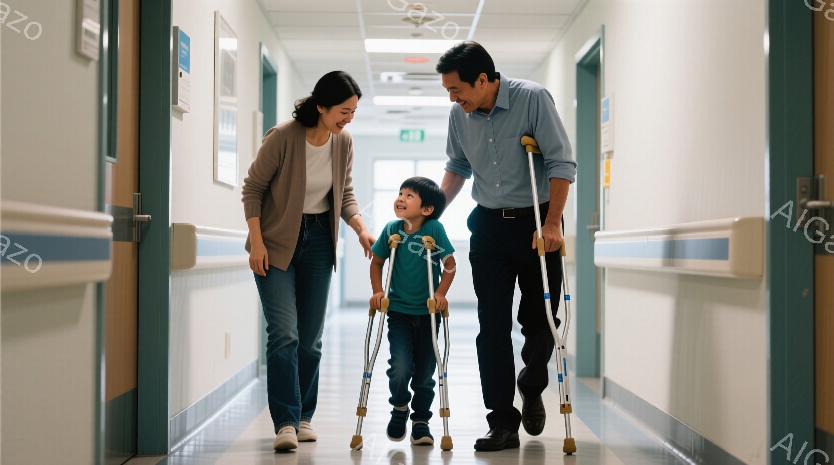 廊下を歩く少年と父親が写っています。少年はギプスと松葉杖を使用しており、父親は少年の腕を支えながら、優しく微笑んでいます。背景は病院の廊下で、壁は白く、清潔感があり、安心できる雰囲気が漂っています。