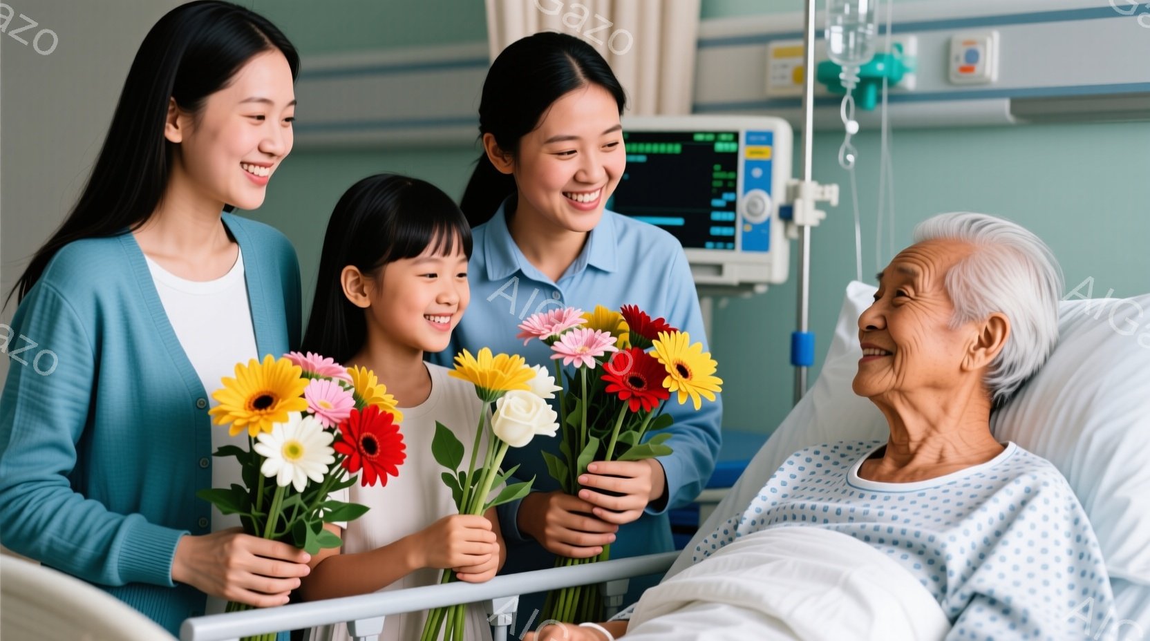 病院のベッドに横たわる高齢女性の前に、若い女性と少女が立っています。少女と若い女性は、それぞれカラフルな花束を持って微笑んでおり、高齢女性も嬉しそうにそれらを見つめています。背景には医療機器が見え、病院のベッドレールが３人をつなぐように配置されており、温かく優しい雰囲気が漂います。