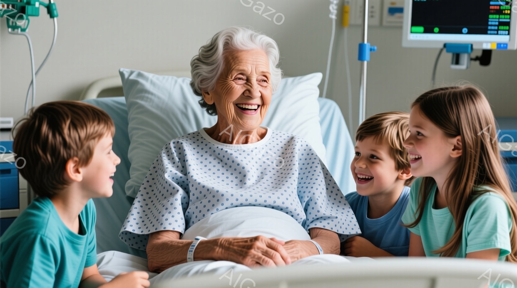 白髪の老婦人は病院のベッドに座り、笑顔で子供たちと向き合っています。彼女は水色の患者服を着ており、子供たちは明るい色のTシャツを着ています。背景には医療機器が見え、全体的に温かく、希望に満ちた雰囲気が漂っています。