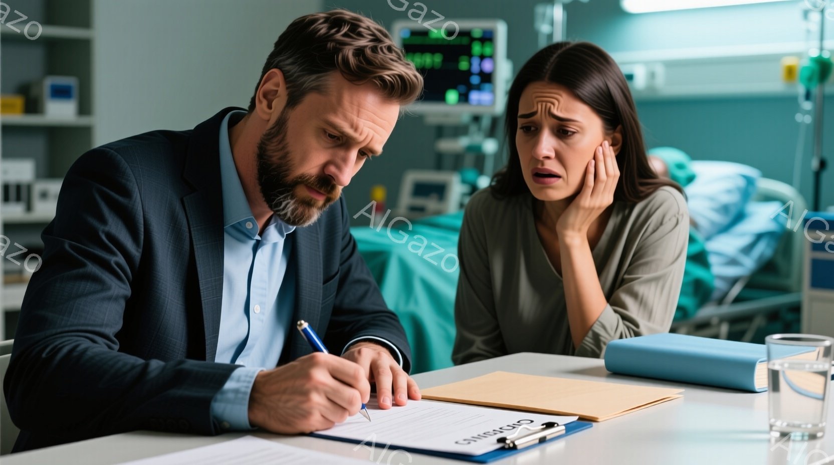 医療機関の待合室で、スーツ姿の男性が書類に記入しており、横には不安そうな表情で顔を覆う女性がいます。男性は顎ひげを生やし、真剣な眼差しでペンを走らせており、女性はグレーのセーターを着て、憔悴した様子で手を頬に当てています。背景には医療機器やベッドが見え、緊張感と憂慮に満ちた雰囲気です。