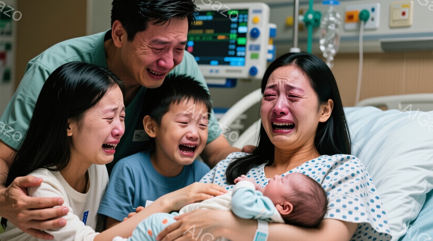 病院のベッドに横たわる女性が、生まれたばかりの赤ちゃんを抱きしめています。彼女の周りには、泣いている夫と息子が寄り添い、皆、涙で顔を歪めています。背景には医療機器が見え、全体的に感動的で感情的な雰囲気が漂っています。