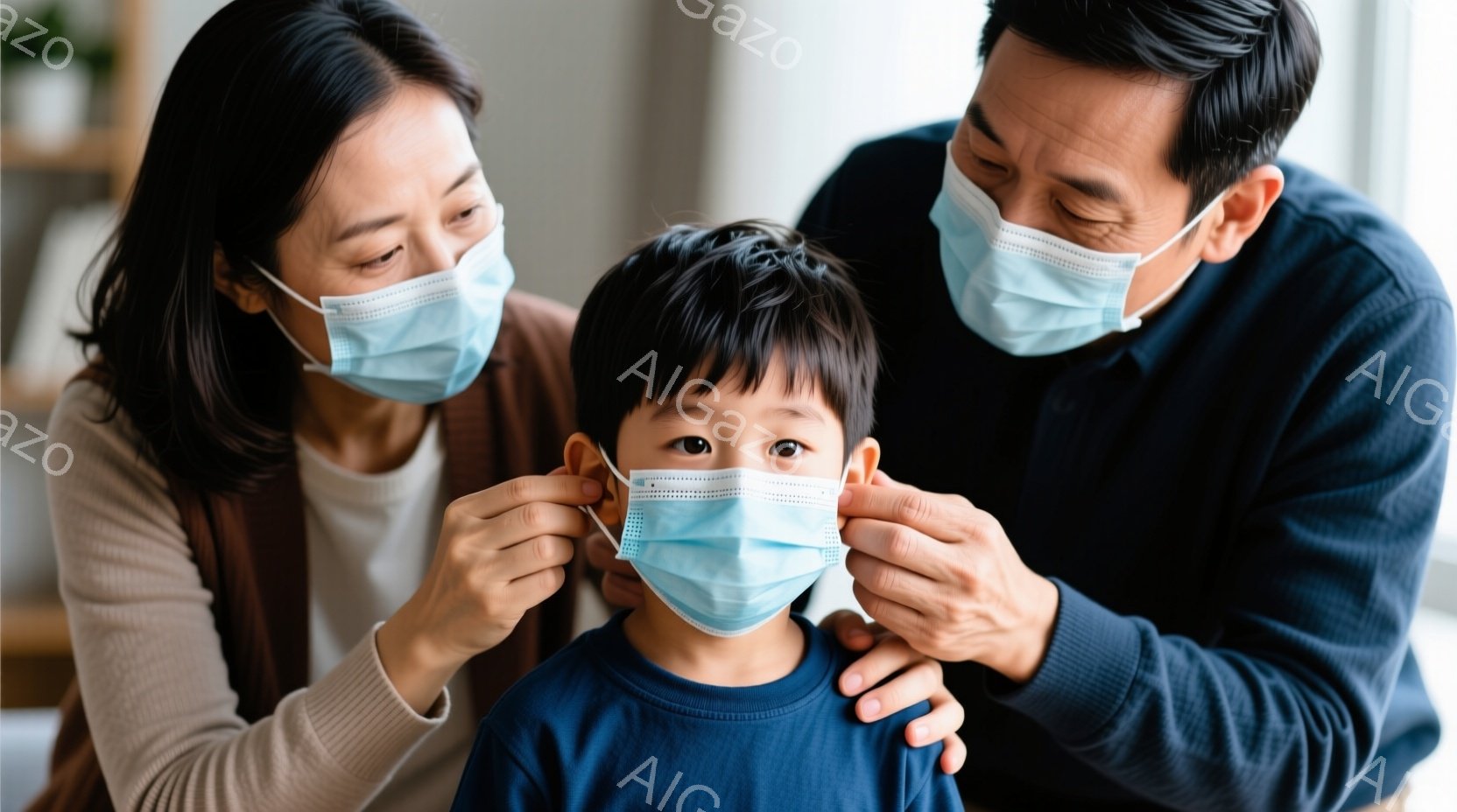少年は青いシャツを着ており、母親と父親がそれぞれマスクを装着している。母親は茶色の長髪で、父親は短髪で、二人は少年の顔にマスクを装着する手伝いをしている。背景はぼやけており、室内であることがわかるが、暖かく親密な雰囲気である。