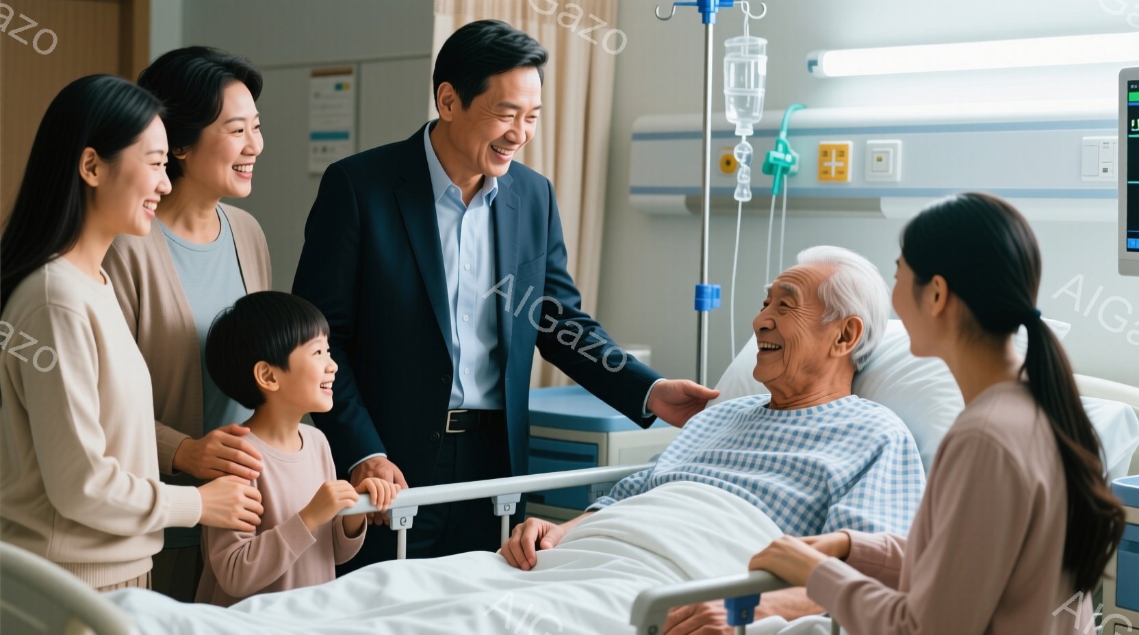 老人が病院のベッドに横たわっており、笑顔で家族に囲まれています。母親と娘はベージュ色のニットを着ており、父親は紺色のスーツに青いシャツを着ています。背景には医療機器が見え、全体的に温かく、希望に満ちた雰囲気が漂っています。