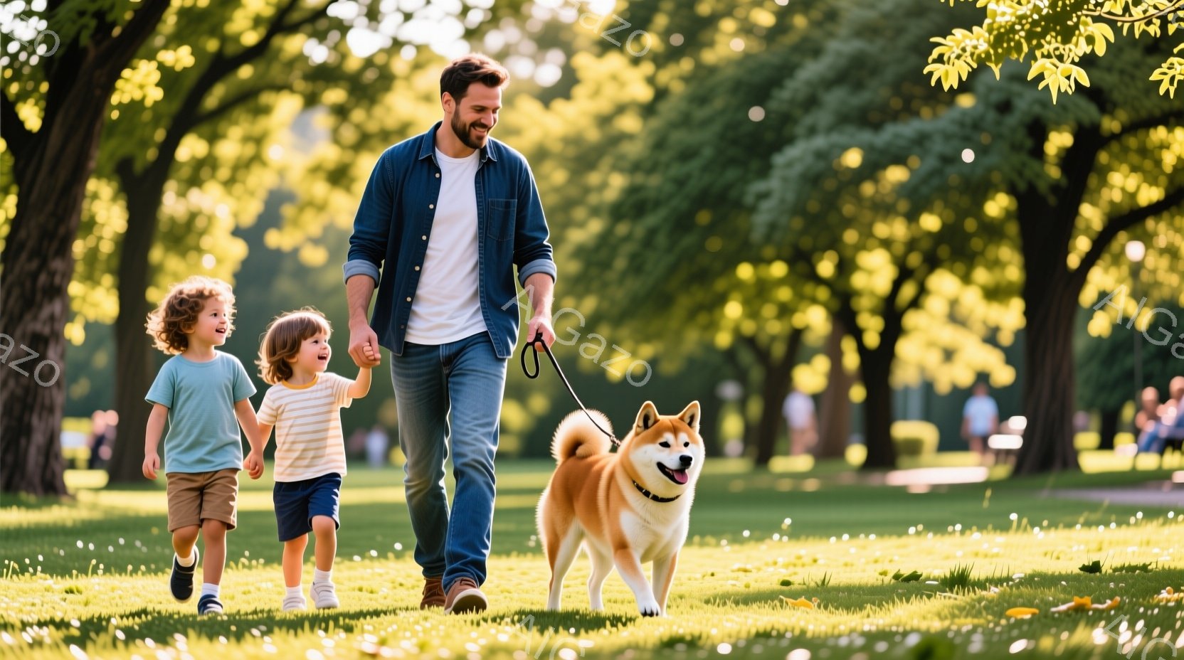 青々とした芝生の上を、茶色の柴犬を連れた男性と小さな男の子が歩いている。男性はデニムシャツにジーンズ姿で、短く整えられた髪をしている。男の子は青いTシャツと短パンで、楽しそうに歩いている様子が伺え、背景には緑豊かな木々が広がり、晴れた日の穏やかな散歩の雰囲気が漂っている。