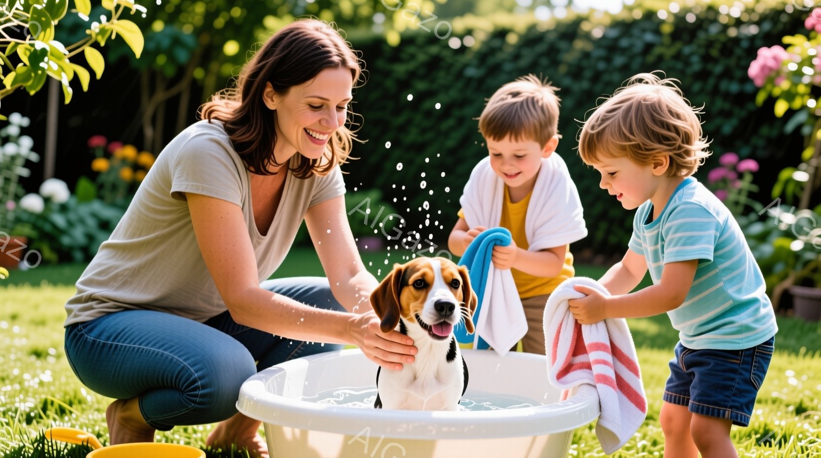 庭で女性と幼い男の子が、トリミング用のプラスチック製の容器に入った犬を洗っている様子が写っています。女性はジーンズとTシャツ姿で、笑顔で犬の頭を撫でています。男の子は青と白のストライプのシャツとデニムの短パン姿で、タオルで犬の体を拭き、楽しそうにしています。